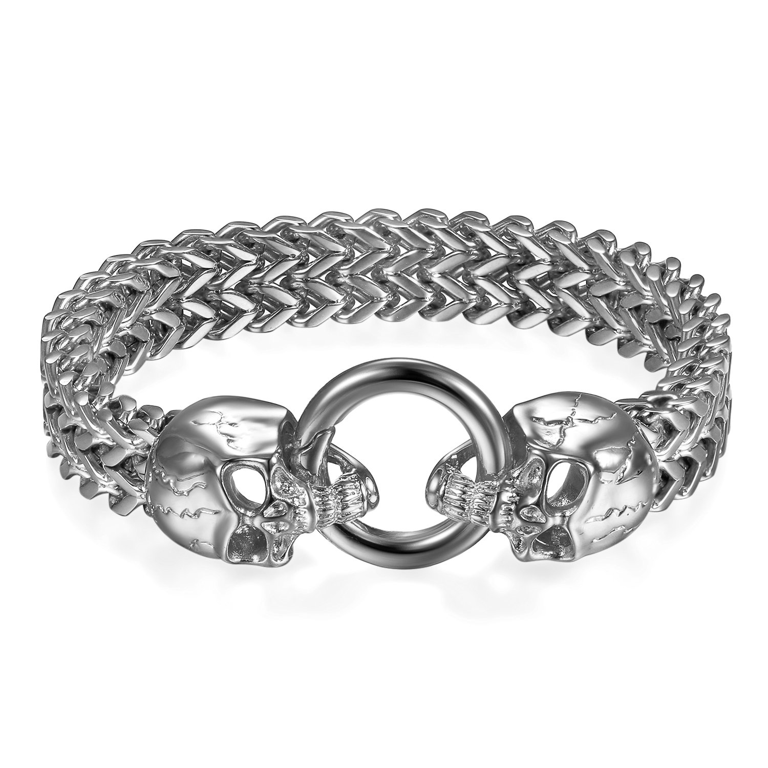 Flongo Herenarmband, grote roestvrijstalen armband, Cubaanse pantserketting, Franco-ketting, armband, wolfskop, fietsketting, motorketting, zilvergoud, biker, herenaccessoires, herensieraden, 23