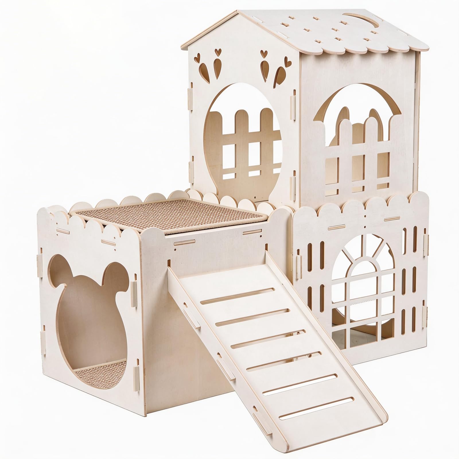 Casa grande de conejo con 2 alfombrillas para rascar conejos, castillo de conejo de madera con 3 casas en interiores, jaula de cobayas, torre de escalada de varios pisos, castillo de madera
