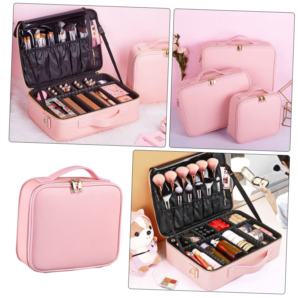 Trousse de Maquillage de Voyage Rose en Cuir Pu, Capacité | Compartiments Réglables, Cloisons Amovibles, Fermeture Éclair, Usage Maison ou Déplacement, Style Simple