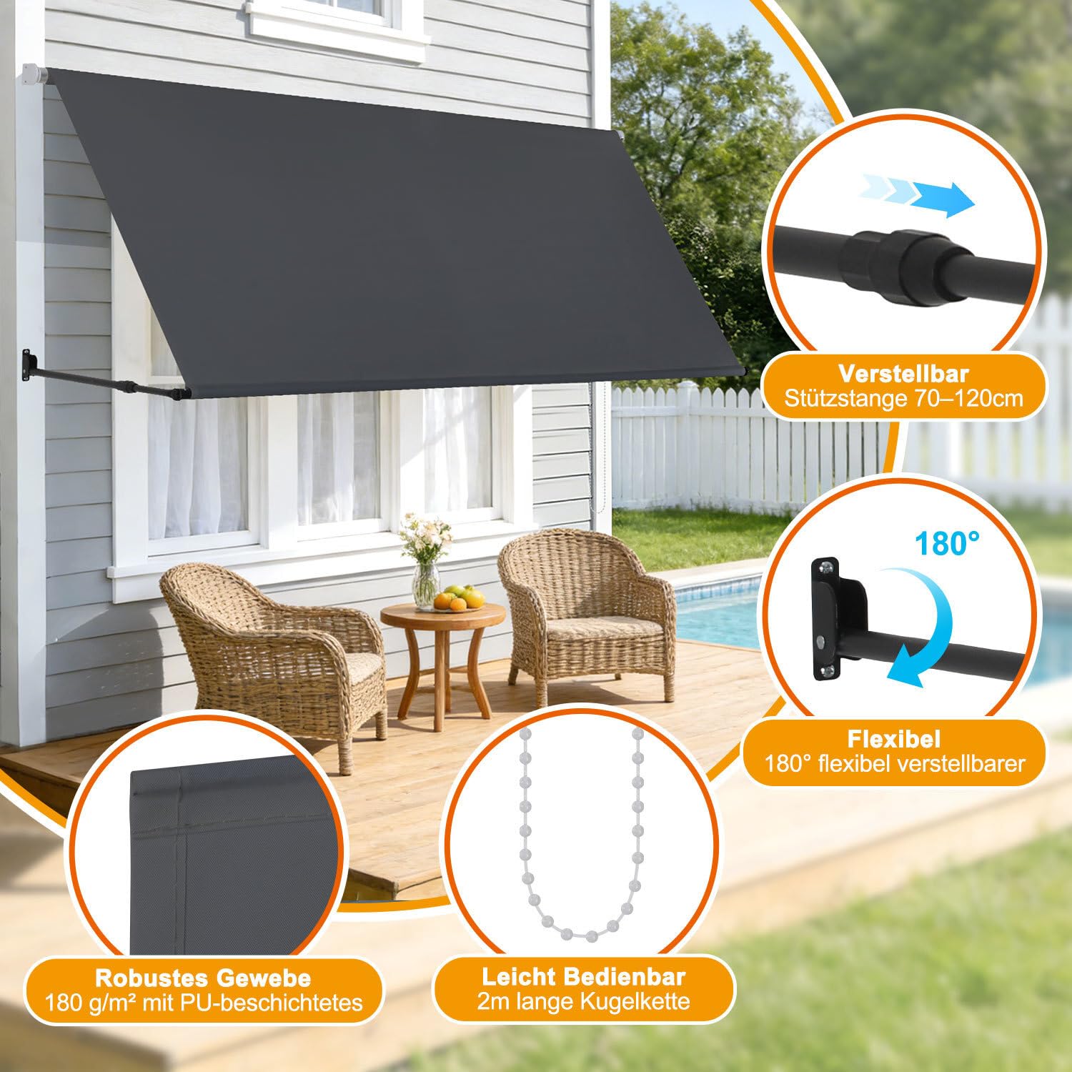 Markise Fallarmmarkise einziehbar 300x150cm, Stützarm 70-120cm verstellbar, 2m Perlenkette, Wandmontage, Sonnenschutz & Windschutz für Balkon Terrasse Garten, Dunkelgrau