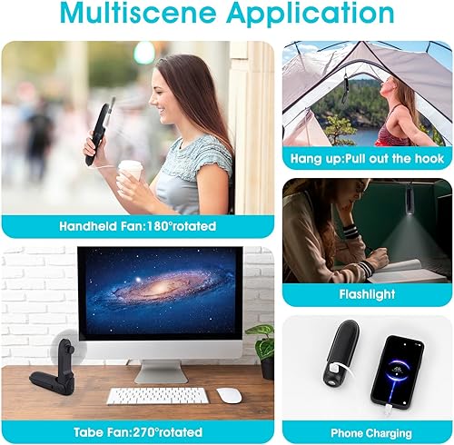 Miniatura 2 de Mini ventilador de mano recargable con batería 2000mAh 6in1 forma de bala Ventilador personal portátil 3 velocidades con linterna (negro)