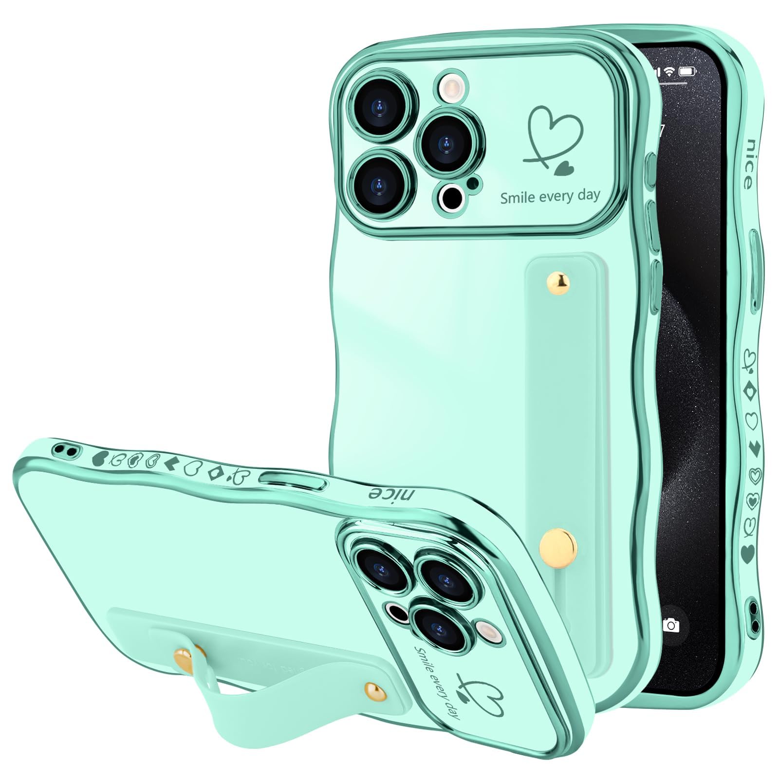 LLZ.COQUE for iPhone 15 Pro Max Case for Women Girls with Strap, Wave Frame Cute Love-Heart Plating Luxury Cover, Raised Full Camera Soft TPU