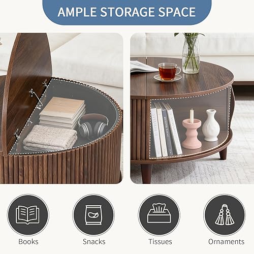 Miniatura 6 de DUMOS Mesa auxiliar, mesas de centro redondas con almacenamiento, mesa central acanalada para sala de estar, mesa moderna de mediados de siglo de
