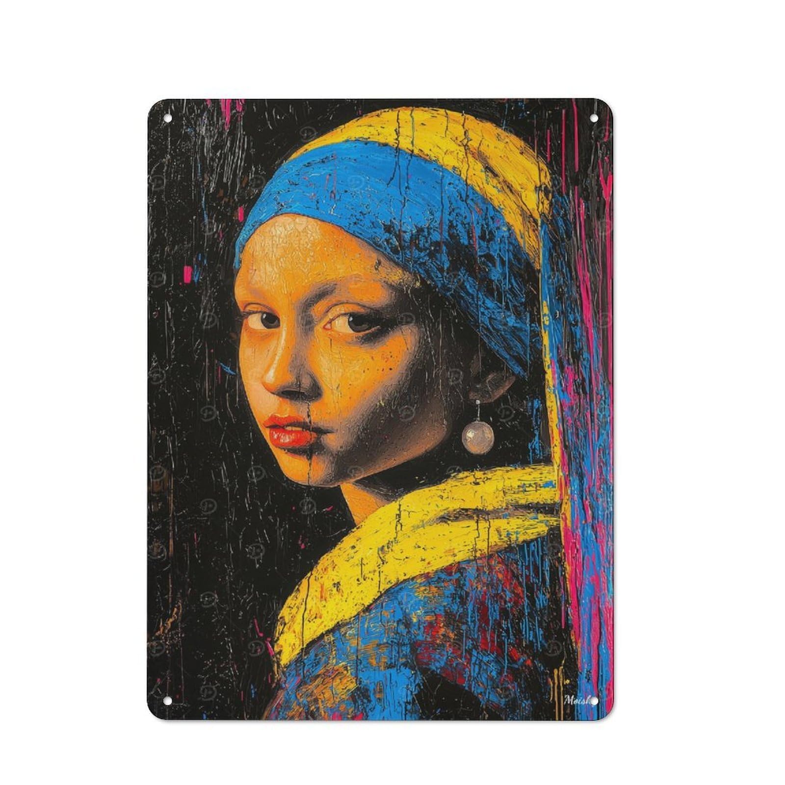 Junmoney Girls Expressionist With A Pearl Earring – Bol Retro Metal Wall Sign 40X30cm With D Contemporary Art Reinterpretation For Living Room Wall, For Vintage Wall Decor Fans, For Themed Room Decoration