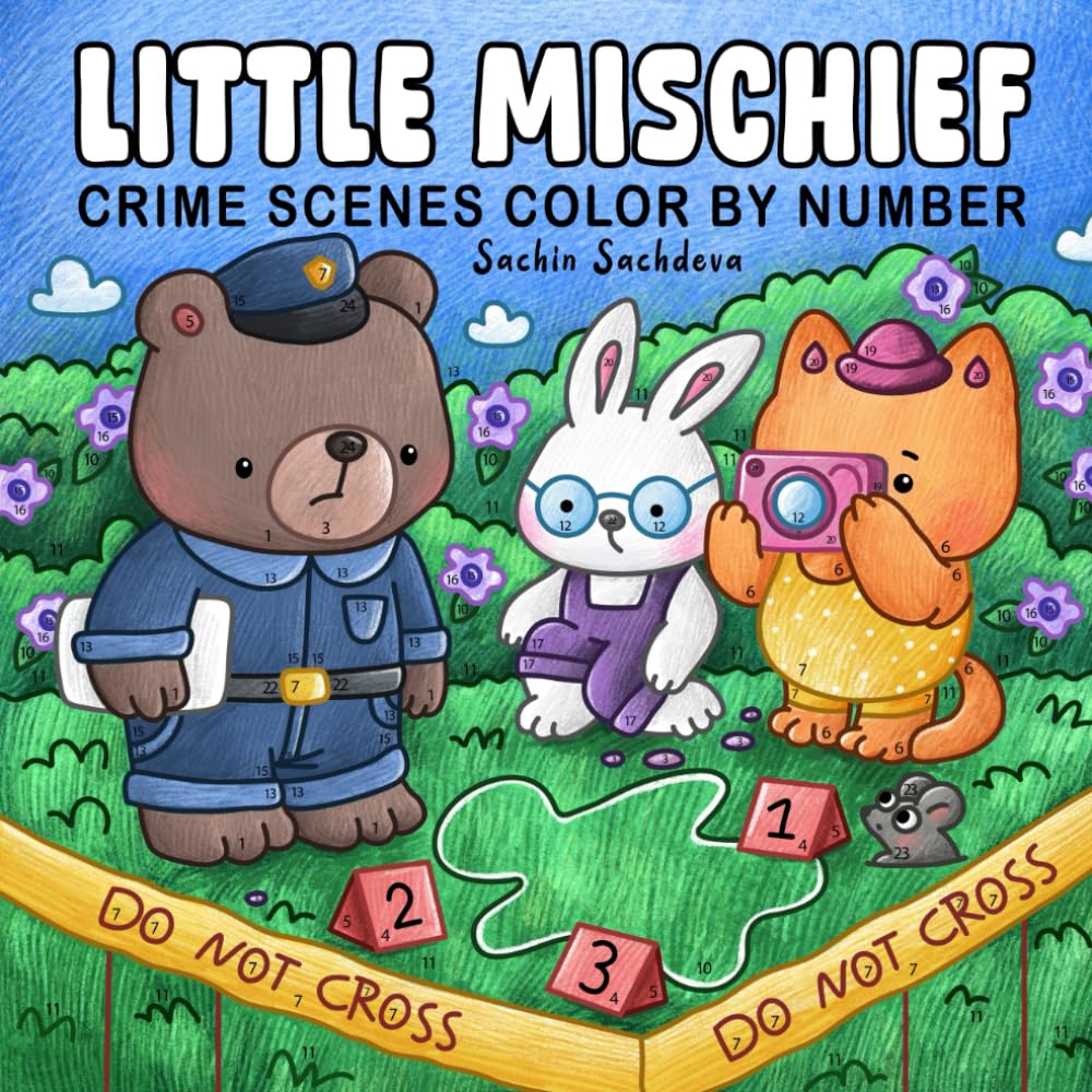 Little Mischief Color by Number: Crime Scenes Coloring Book for Adults and Teens featuring Fuzzy Animals Friends, Little Hygge Moments for Fun and Relaxation (Super Cute and Cozy Coloring Book)