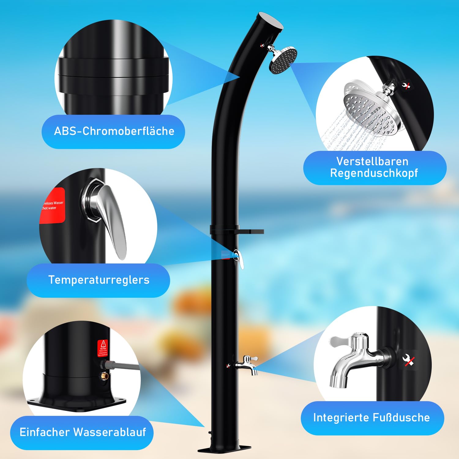 20 Liter Solardusche Bogen mit Schutzabdeckung und Duschablage,Gartendusche mit 180° Verstellbarer Regendusche für Garten, Pool und Camping - Heizt bis zu 60°C