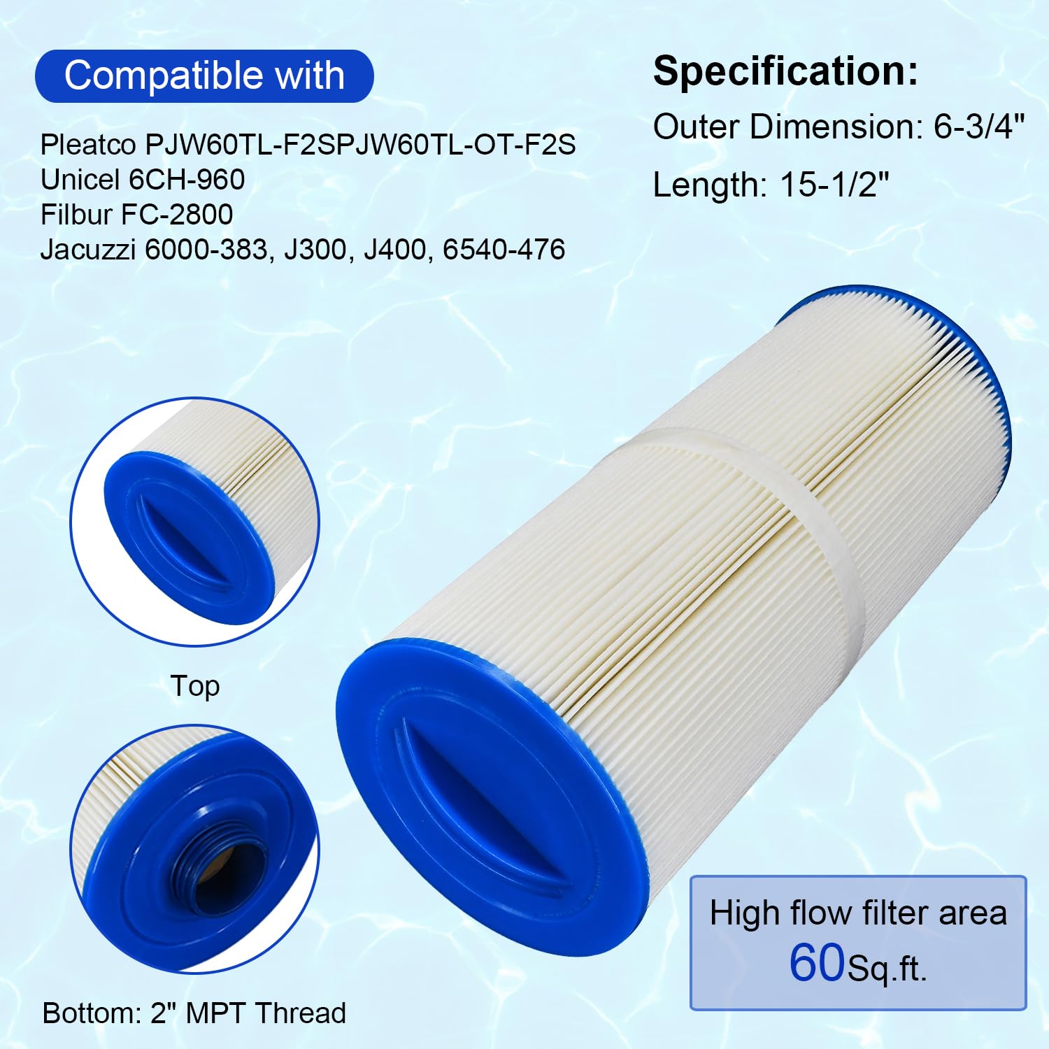Firmusparts 2 PCS Pool Spa Filter Compatible with Jacuzzi Filter J300, J400, Unicel 6CH-960, 6540-476, 6541-383, 6000-383, Filbur FC-2800 Pleatco PJW60TL-F2S, 60 Sq. Ft Spa Filter Cartridge