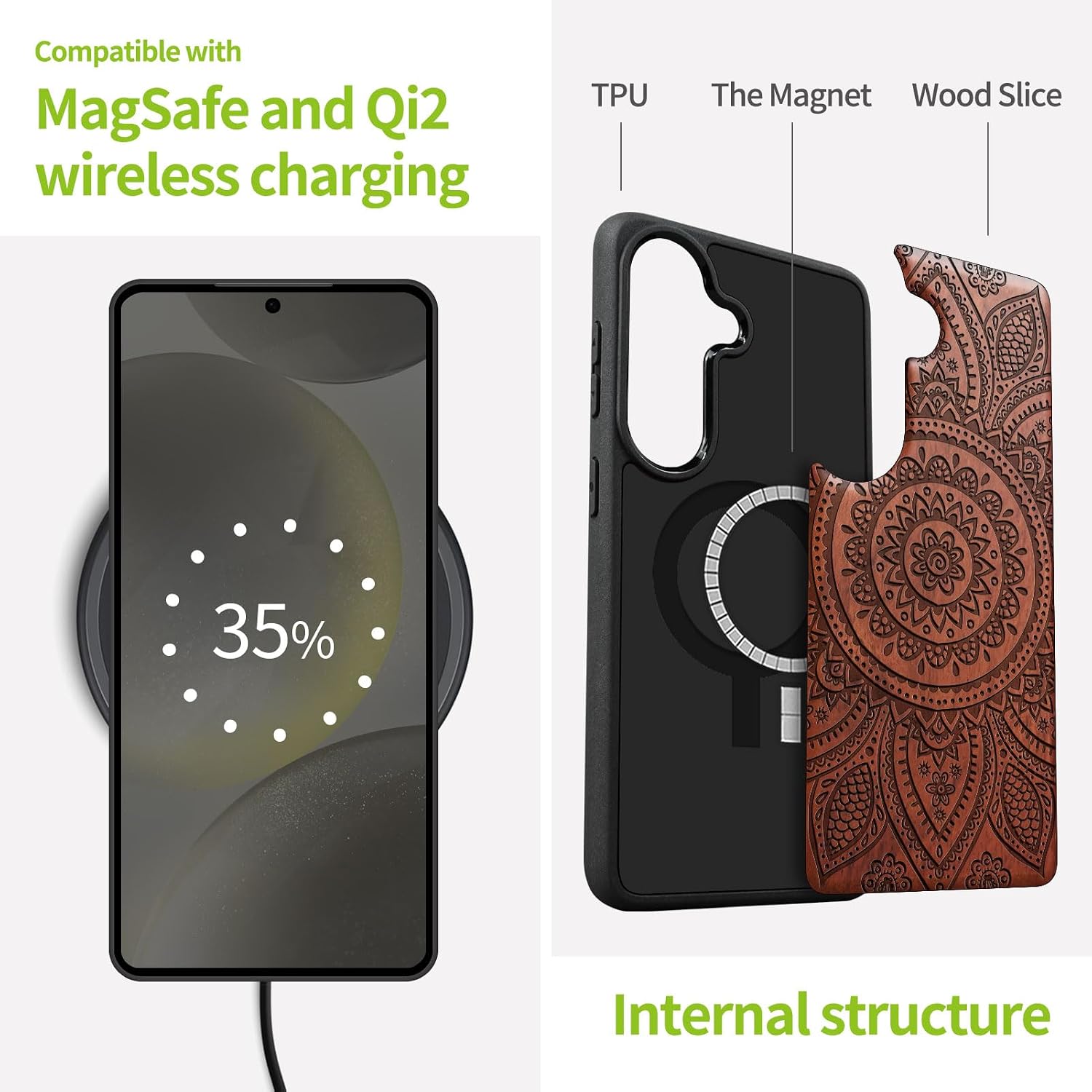 Carveit Magnetic Wooden Case for Samsung Galaxy S26 Case 2026, TPU Shockproof Cover & Wood Artisan Engraved, Compatible with MagSafe Wireless Chargers (The Indian Floral Mandala) Rosy