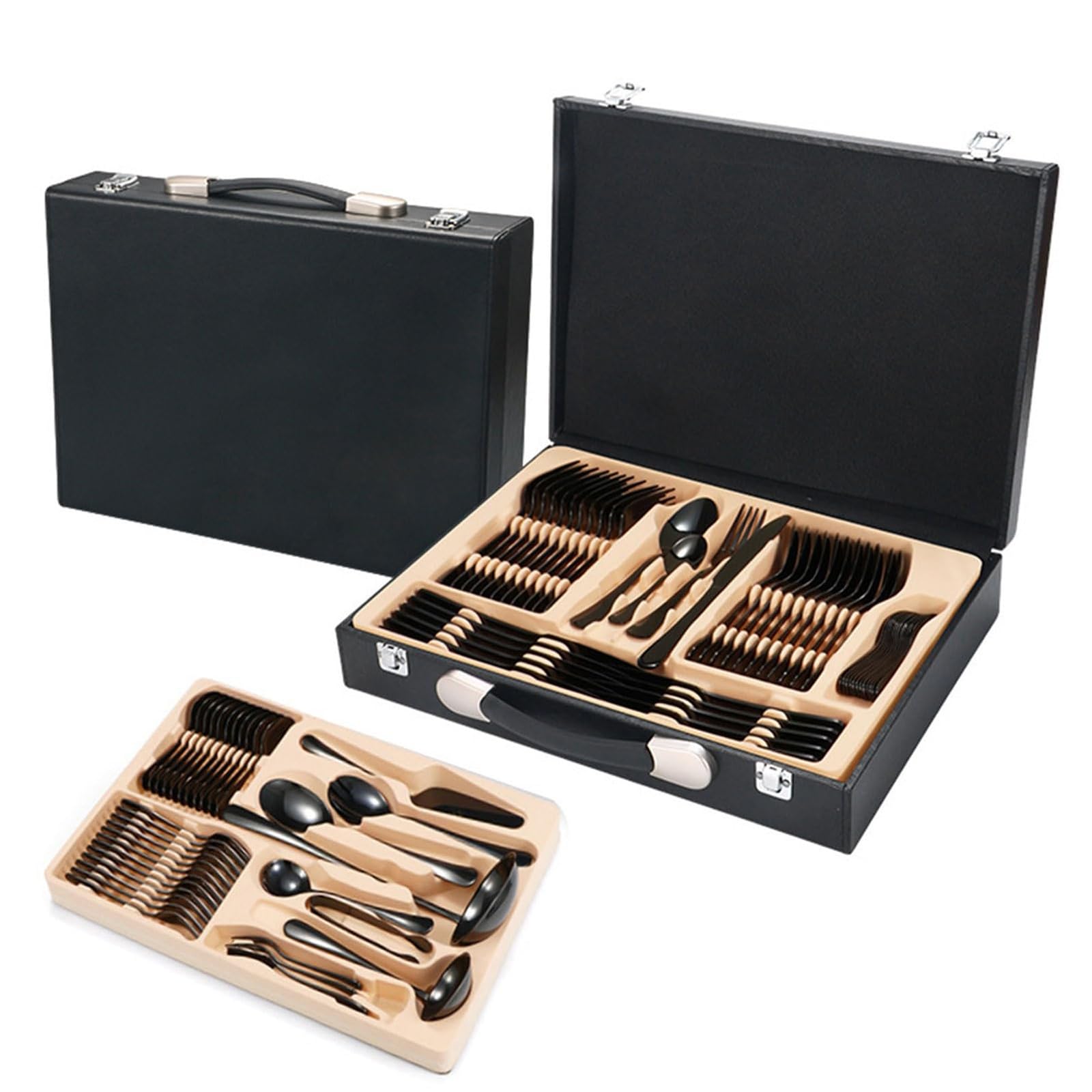Juego de cubiertos de acero inoxidable, 84 piezas, elegante vajilla, con estuche, ideal para el hogar, servicio de hotel, banquetes, eventos y regalos especiales para celebraciones.(Black)