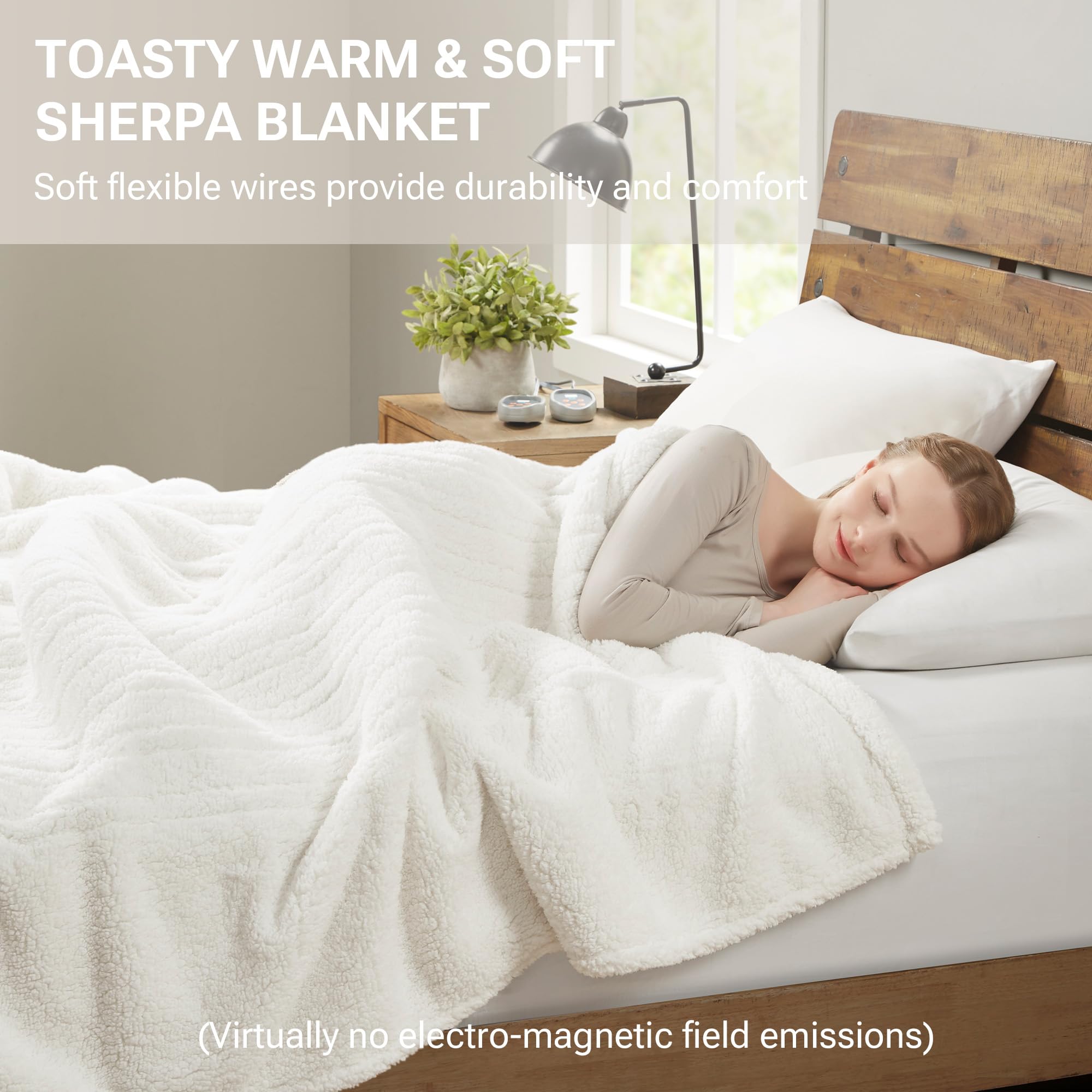 True North by Sleep Philosophy Heated Electric Blanket for Cold Weather, Fast Heating, Cozy Sherpa Heated Blanket, Auto Shut Off, Virtually Zero EMF, 20 Heat Settings, UL Certified, Queen Ivory
