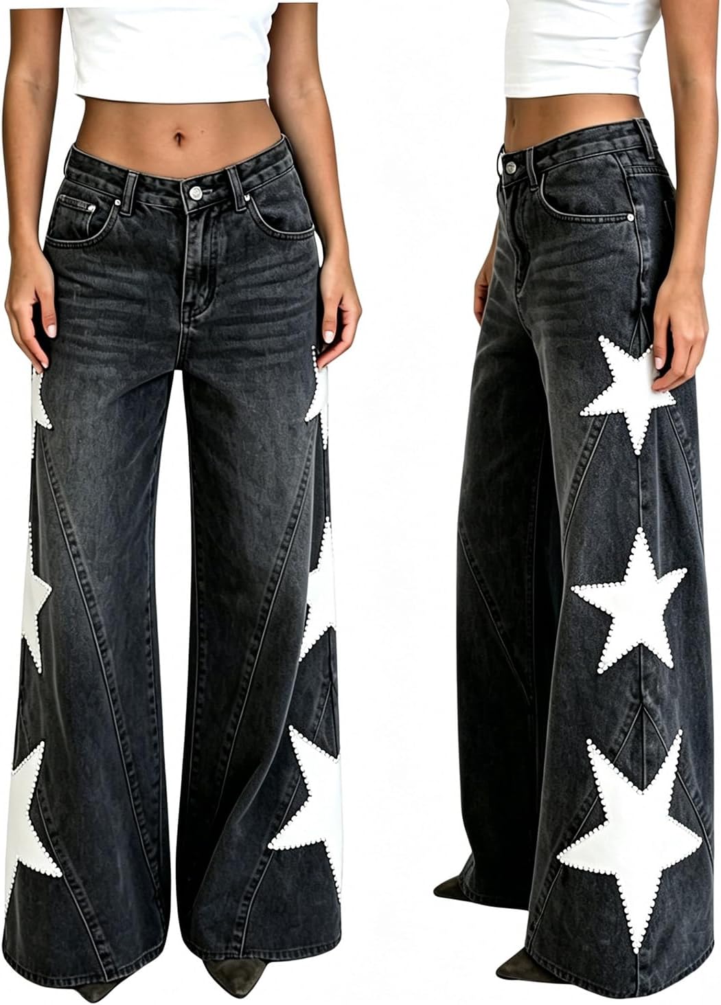 Star Jeans for Women Girls Baggy Cute Pearl Denim Pants High Waisted Loose Jeans Grunge Aesthetic Clothes