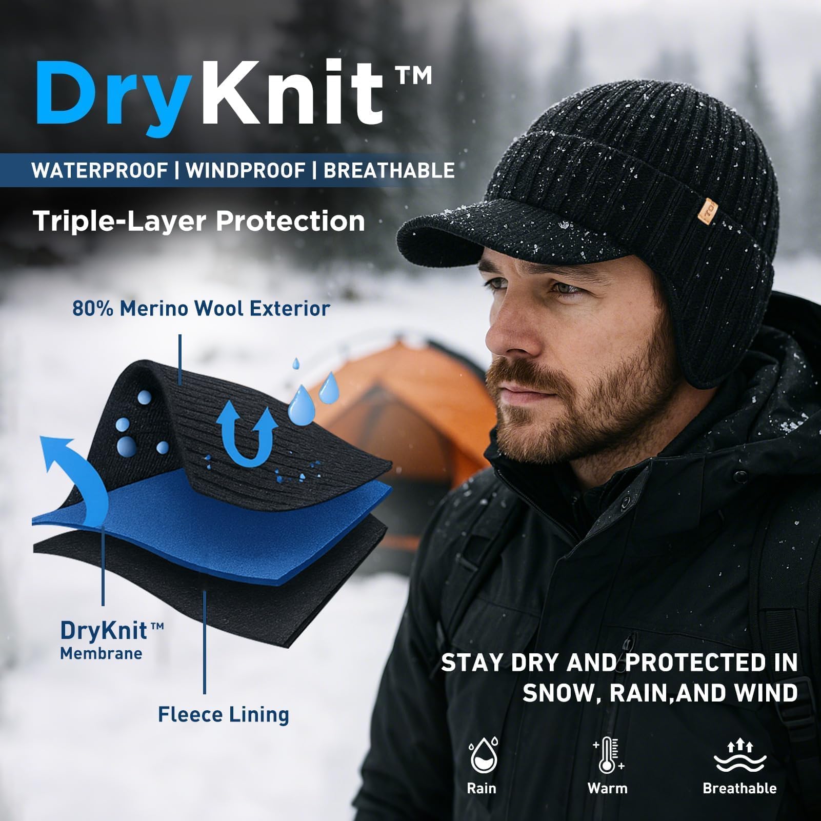 TOP-EX DryKnit™ - Berretto da uomo con visiera in 80% lana merino, impermeabile, con paraorecchie e fodera in pile, con visiera termica invernale da golf, per la stagione fredda, M-XXL, Nero , M/L