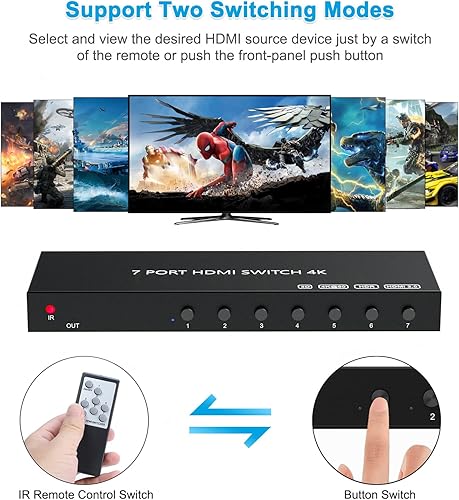 Miniatura 5 de Interruptor HDMI de 7 puertos 4K 60Hz, conmutador HDMI 7 en 1 salida HDCP 2.0 HDMI2.0 Hub compatible con 3D compatible con Nintendo SwitchSwitch