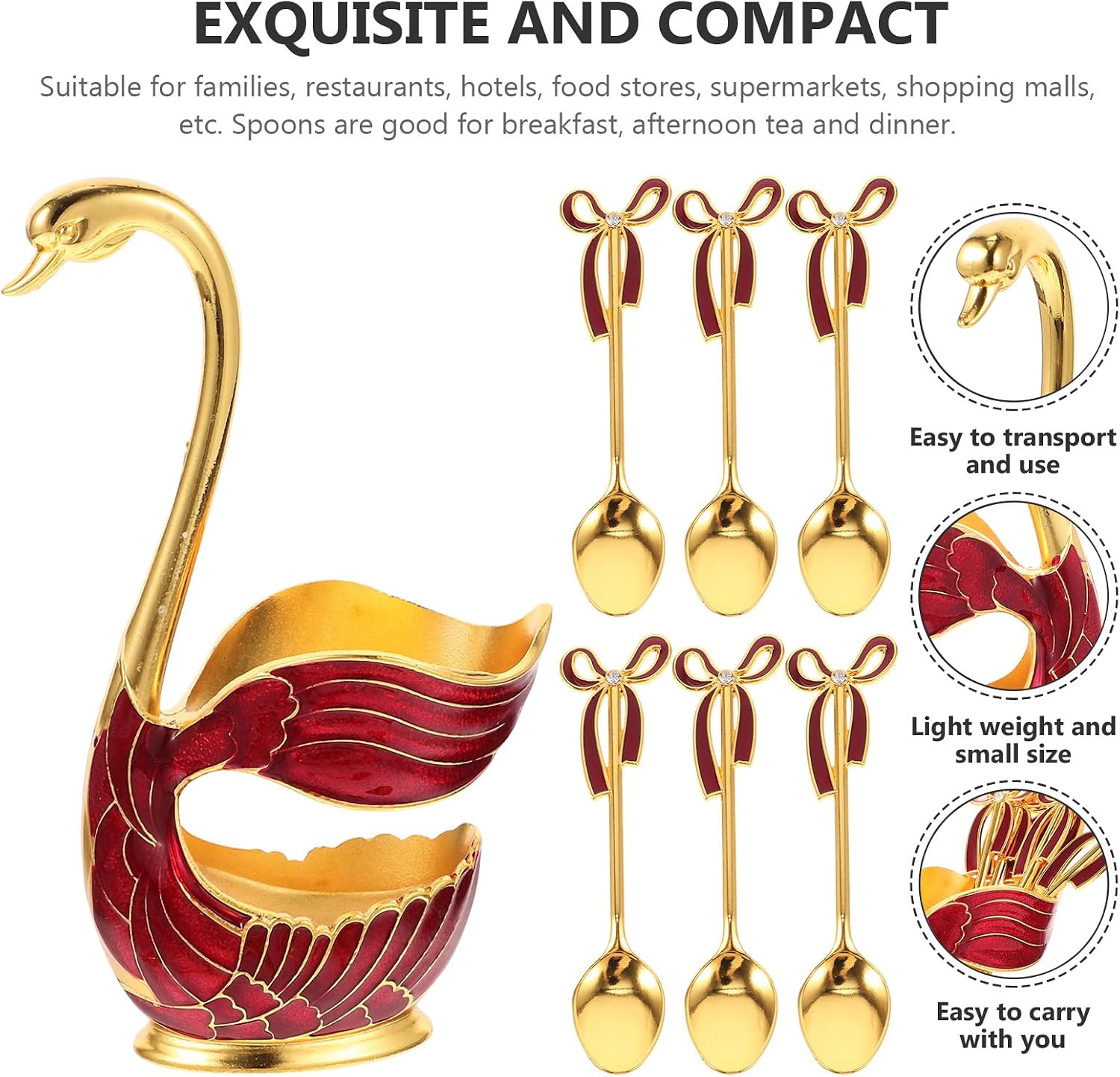 Swan Dessert Spoon Set with Metal Coffee Scoop Holder, Medium Red-gold 6pcs Set, Stainless Steel Spoons for Coffee, Fruit, Ice Cream, and Dessert Serving