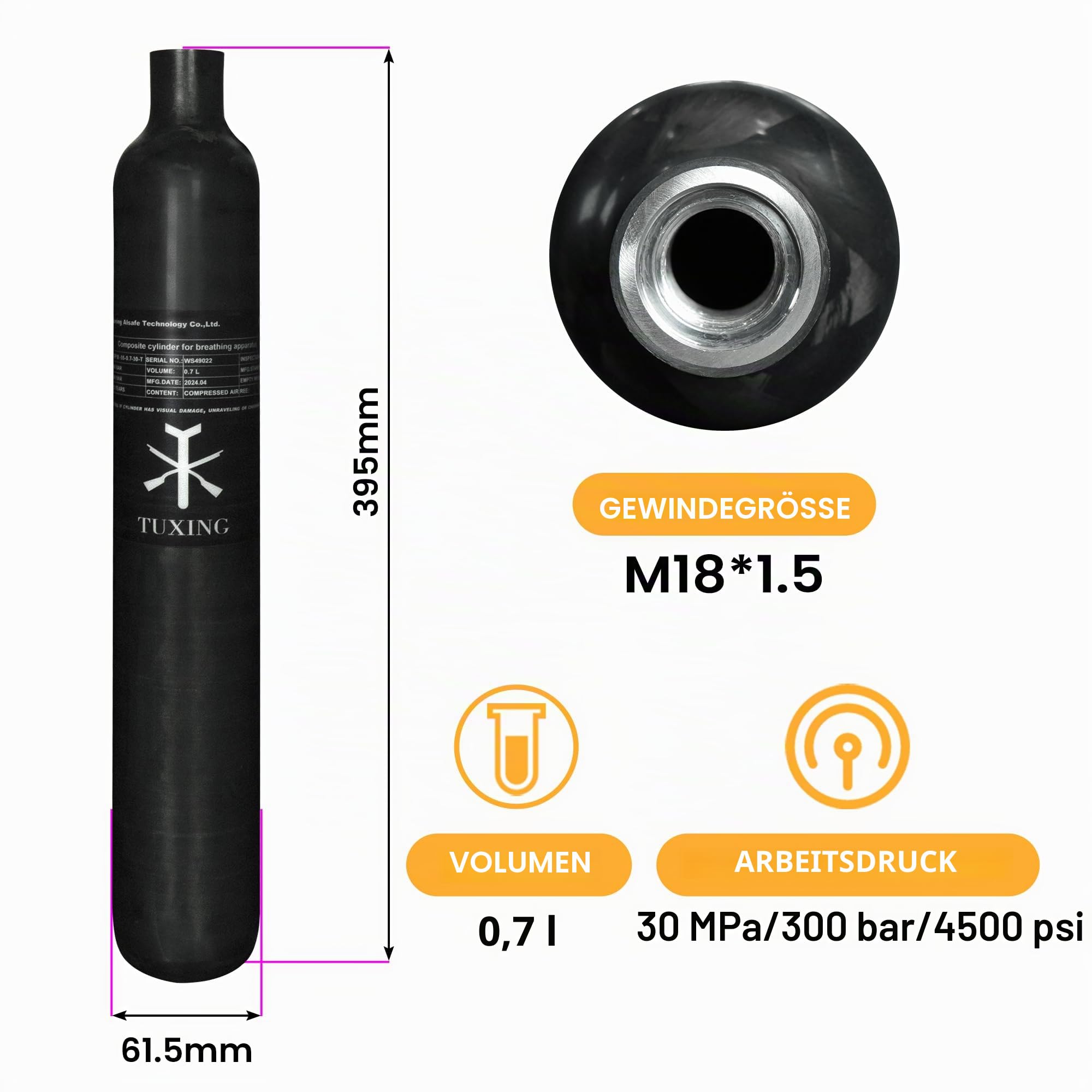 TUXING PCP Air Tank 0.7L 42Cu in 700cc, 4500Psi Carbon Fiber HPA Tank, Tauchgasflasche, für PCP Paintball Air Gun Daystate und FX Gewinde M18*1.5