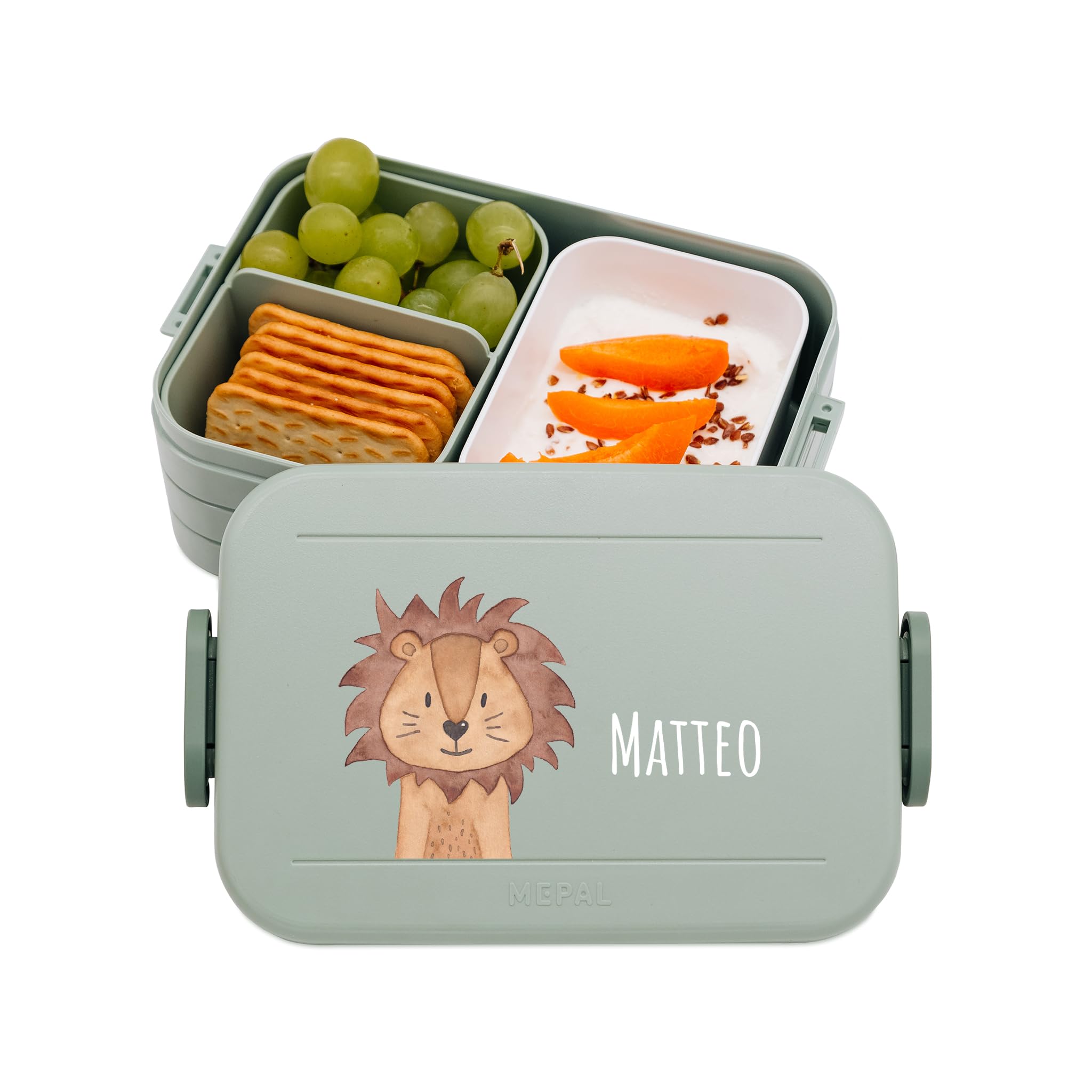wunderwunsch MEPAL Brotdose Spülmaschinenfest Kinder, Lunchbox mit Einsatz für perfekte Ordnung, Spülmaschine, Mikrowellengeeignet, personalisiert mit niedlichem Motiv (Löwe, grün)