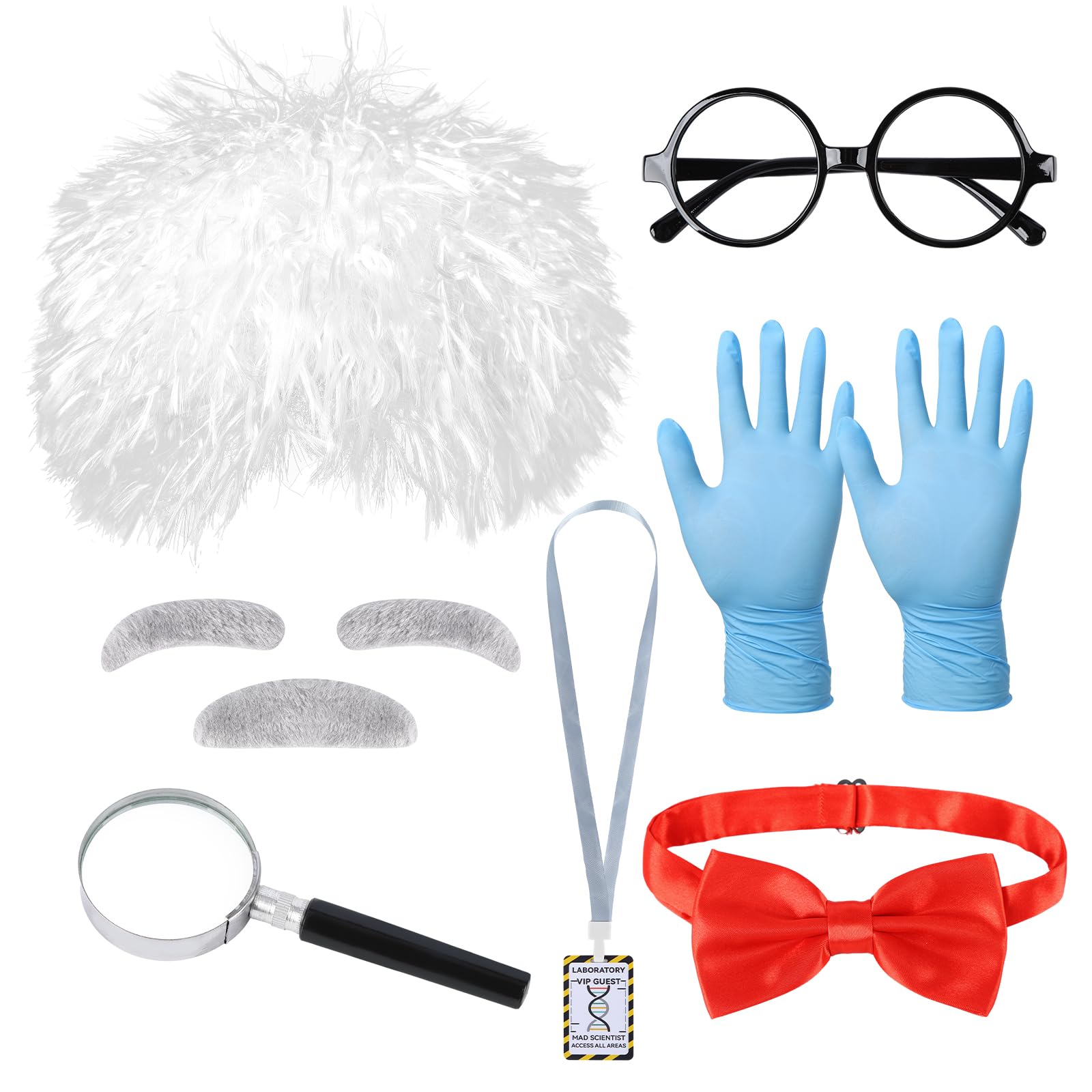 Mad Scientist Costume Kids 6 Pieces Bowtie for Dressing Up, Dressing Glasses, A Pair of Laboratory Gloves, Magnifying Glass, Wig, PVC Science Name Badge Pass for Science Birthday Party Decorations