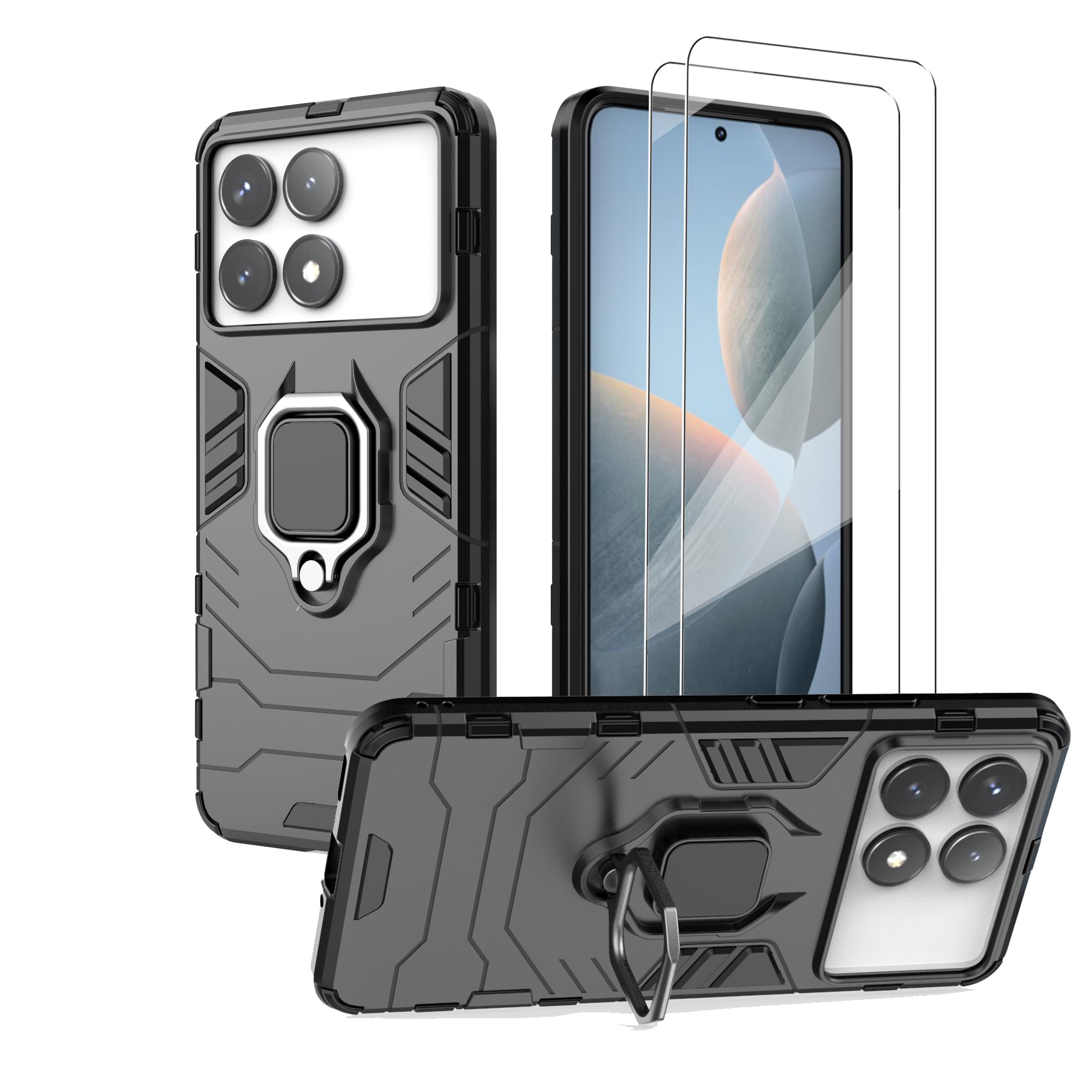 WRTBS Phone Case for Xiaomi Poco F6 Pro 5G Case with Glass Screen Protector [2 Pack] Heavy Duty Dual Layer Military Grade Shockproof Protective Cover with Magnetic Ring Kickstand - Black-A