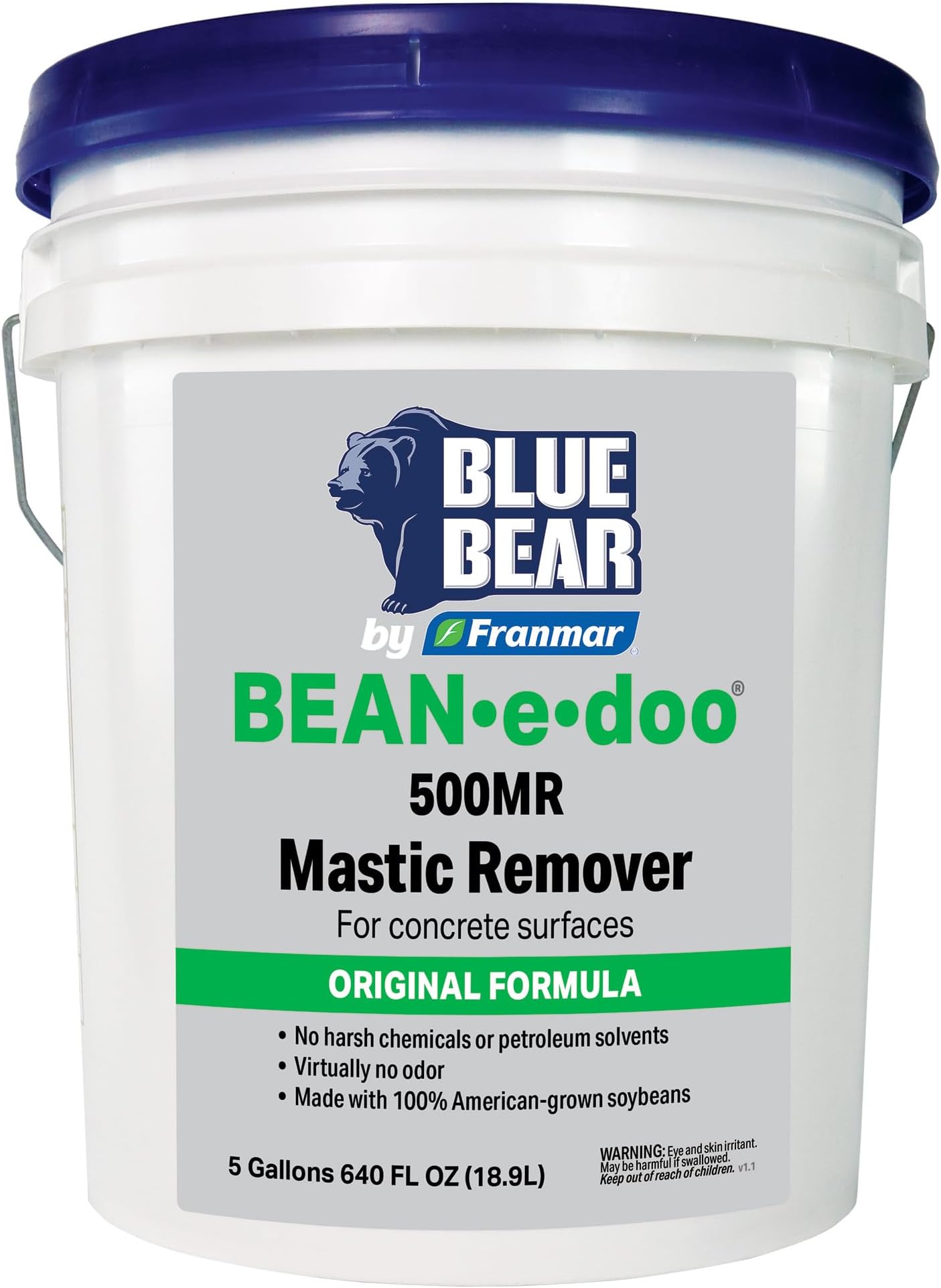 BLUE BEAR BEAN•e•doo Mastic Remover – Low-Odor, Soy-Based Adhesive & Carpet Glue Remover for Concrete – Removes Black Asbestos & Vinyl/Acrylic Mastics – Easy Cleanup – 5 Gal