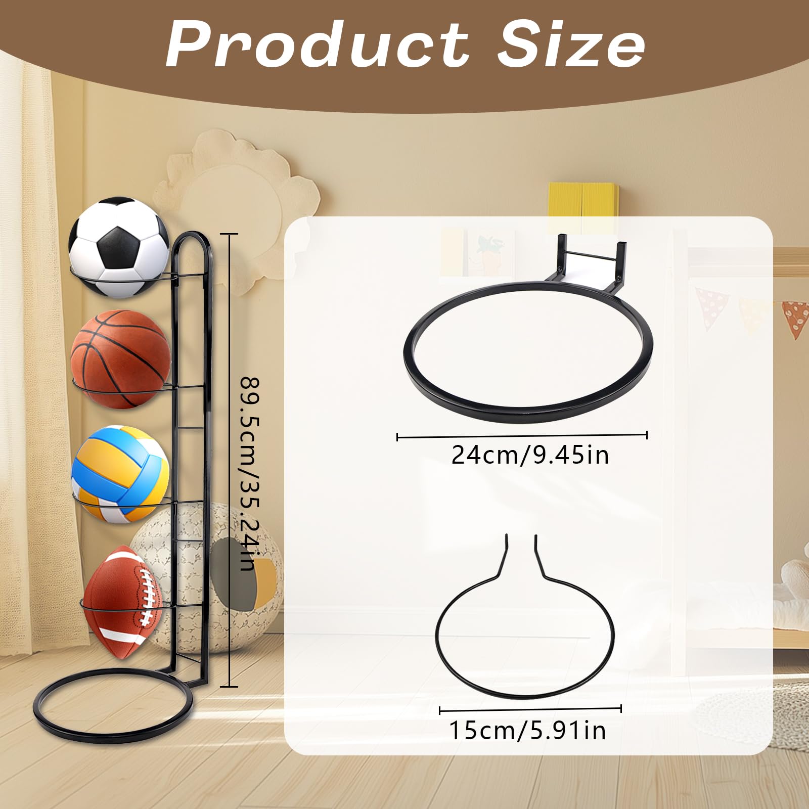 Soporte para pelotas de pie, 4 niveles, soporte para bolas, soporte para bolas, soporte para pelotas (extraíble, negro), adecuado para fútbol, baloncesto, voleibol y rugby
