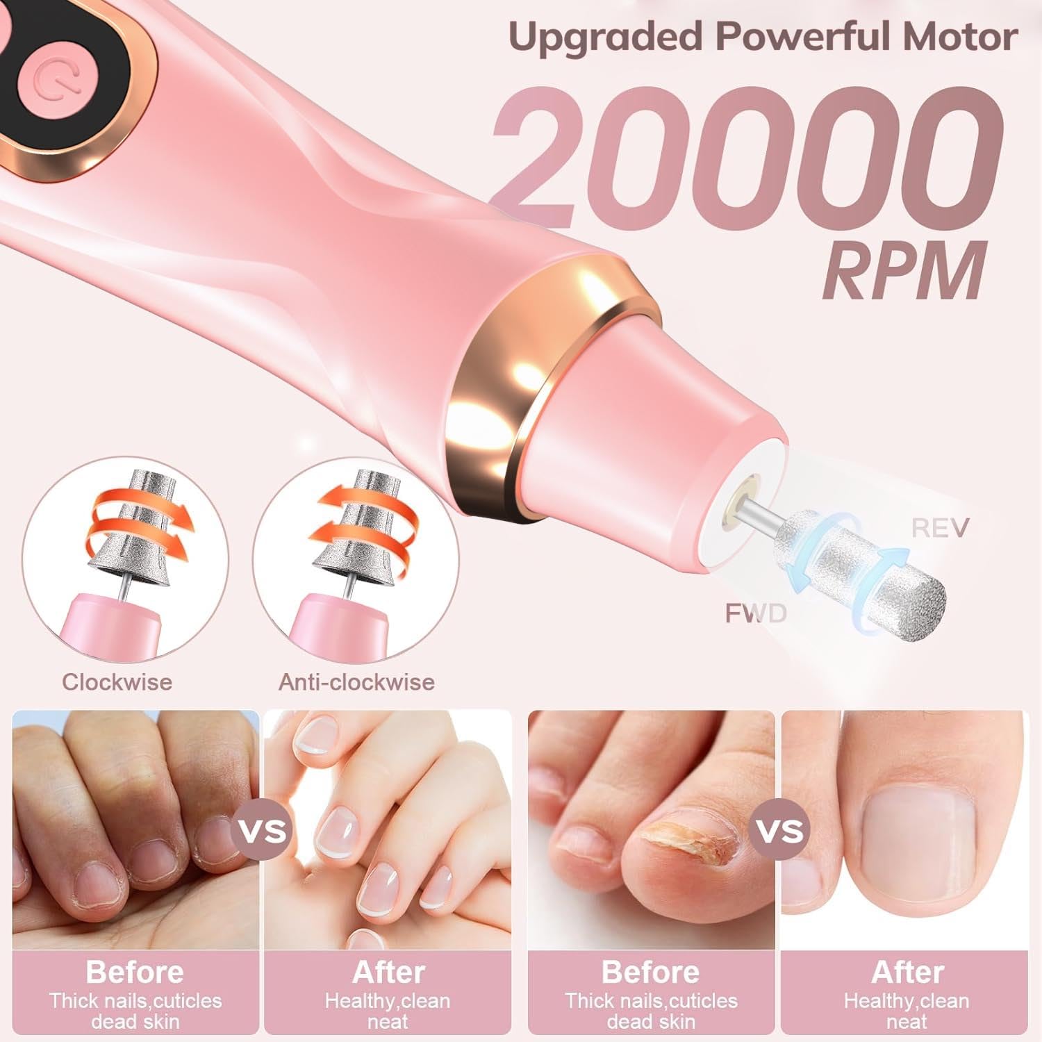 Kit de manicura y pedicura profesional, juego de limas eléctricas inalámbricas, taladro de uñas inalámbrico de 6 velocidades para uñas gruesas, uñas de los pies, cutícula, cuidado de manos