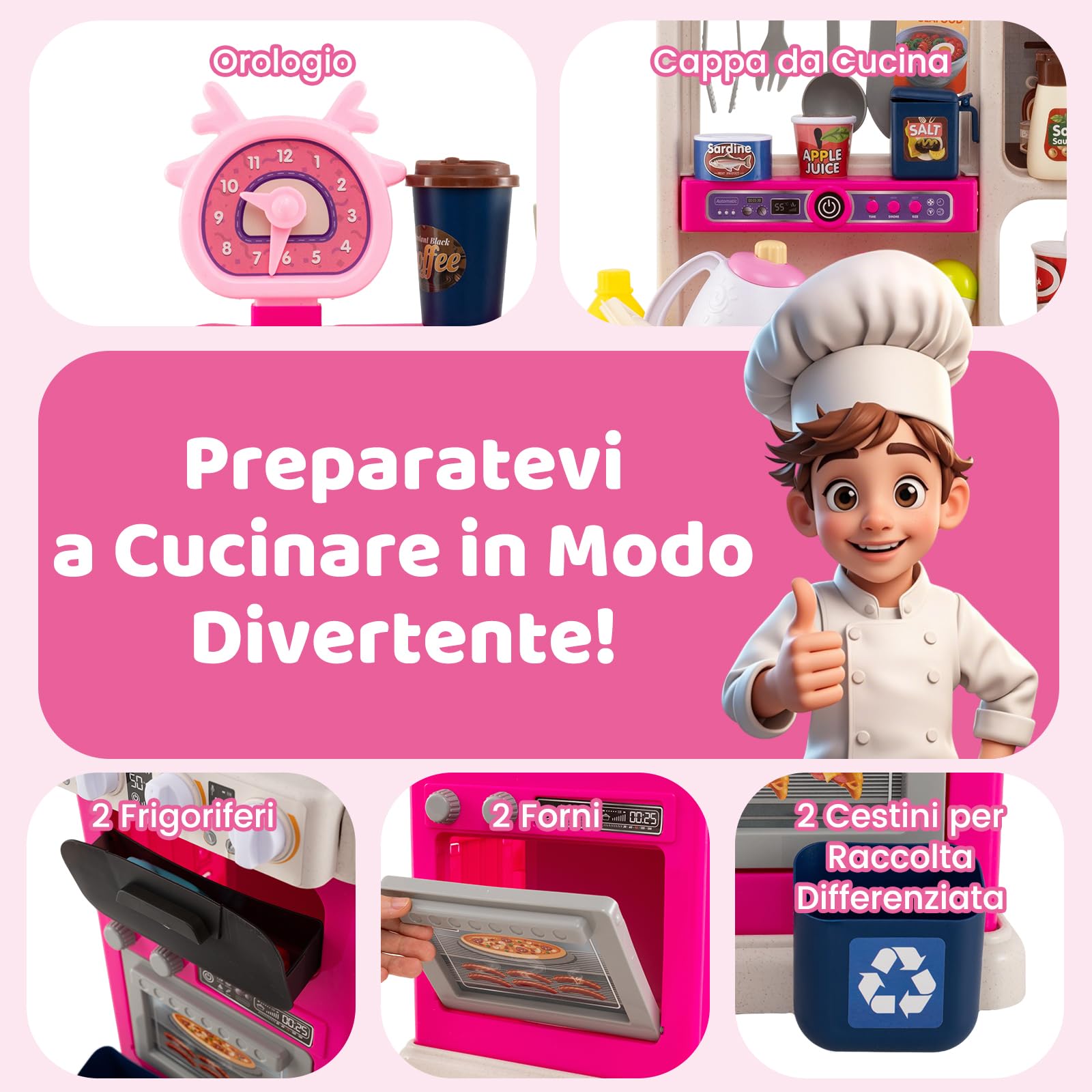 RELAX4LIFE Cucina Giocattolo per Bambini, Effetti Sonori e Luminosi, Cucina in Legno con Sistema di Circolazione dell'Acqua, Frigorifero, Forno e Cestino, Set Cucina Giochi per 3+ Anni (Rosa)
