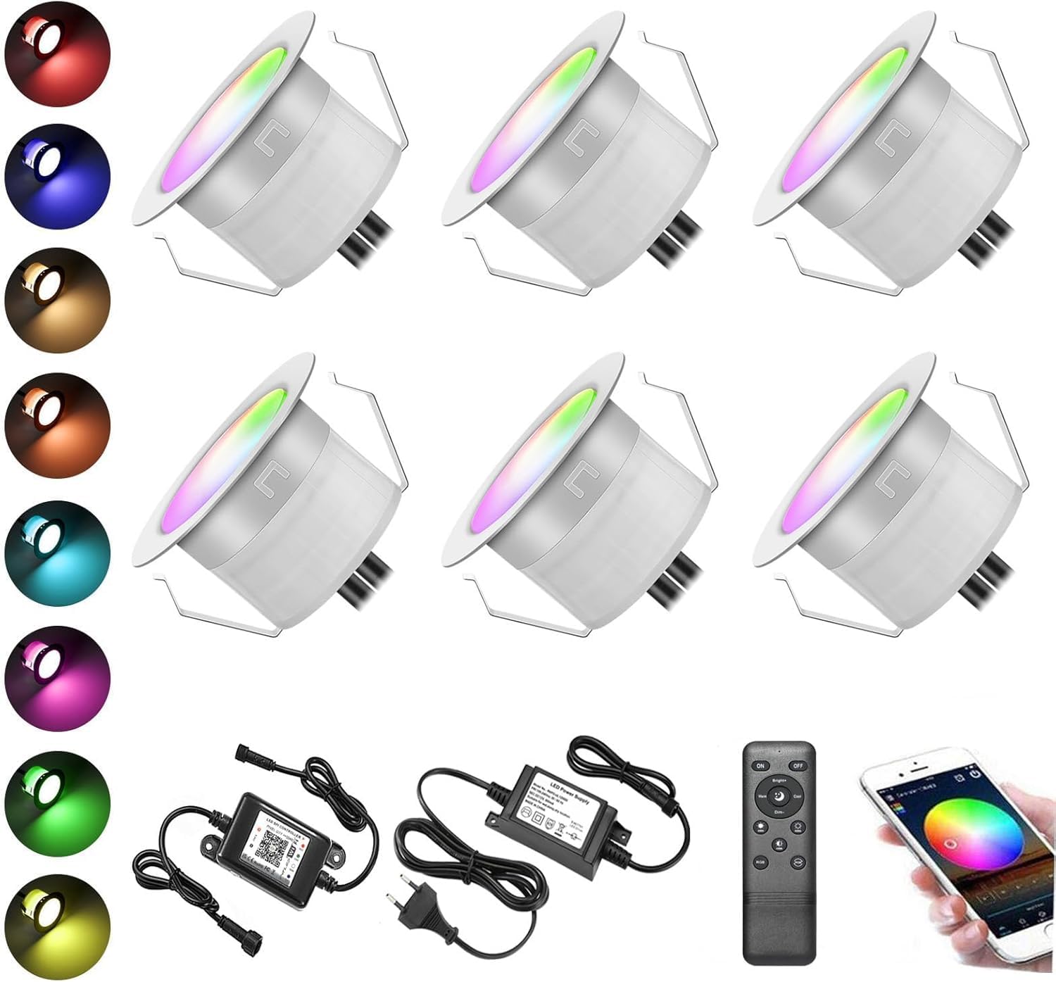 Lot de 6 Wifi Multicolore RGBWW(4 en 1) 0.6W Ø31mm Spot Encastrable Exterieur Dimmable Fonctionne Avec Alexa, Google Home,Spots LED Encastrable DC12V Etanche IP67