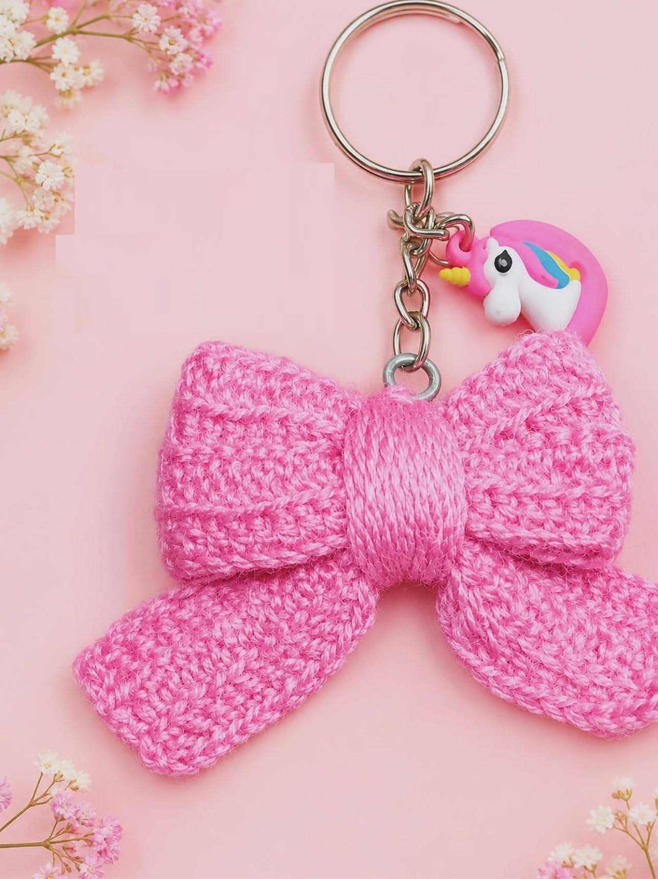 Pink Crochet Bow Keychain with Unicorn Charm-image-10