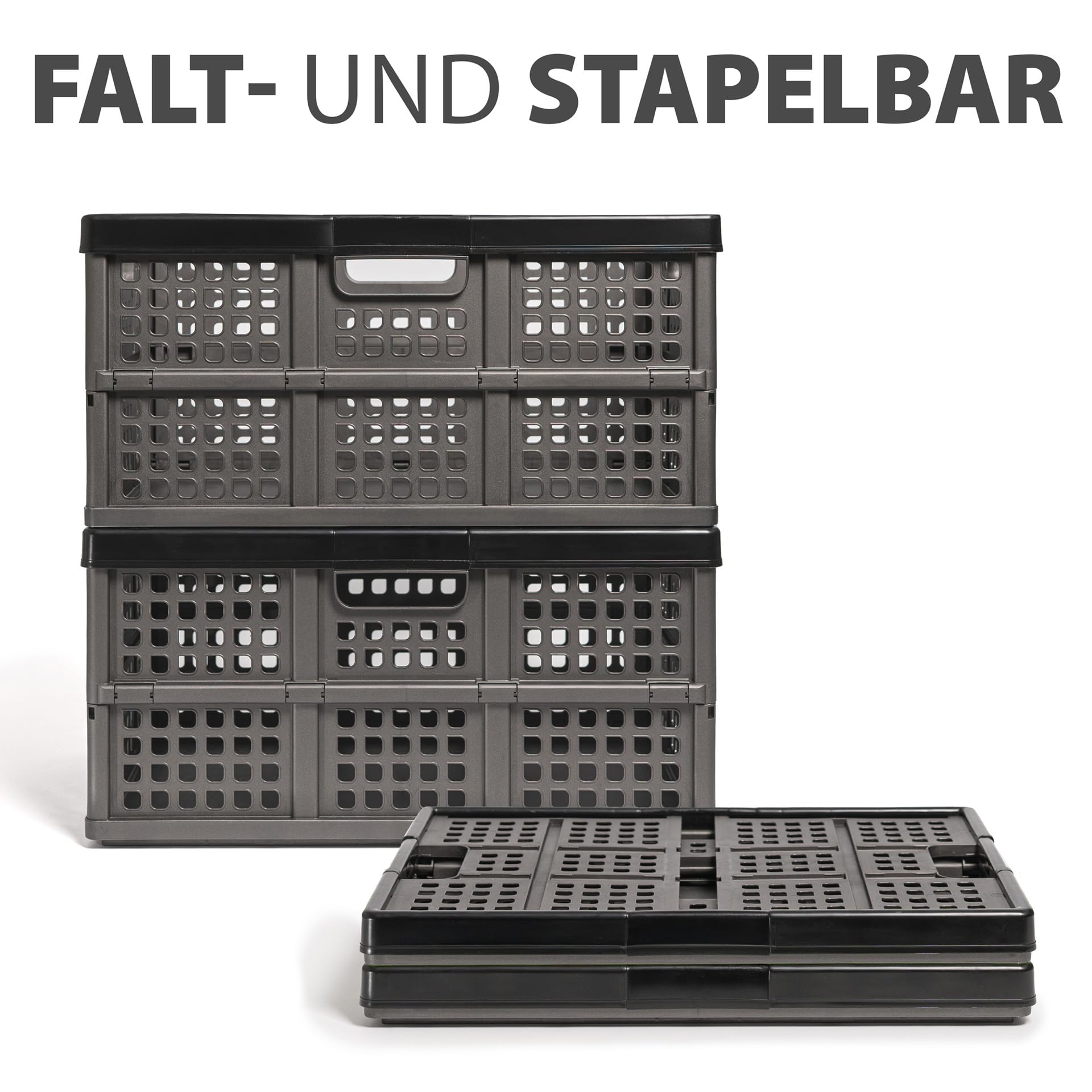 Hausfelder Klappbox faltbar 45 l, 1er Set, Schwarz | Faltbare Klappkiste & Einkaufskorb aus Kunststoff, stabil, für Auto und Haushalt, Anthrazit-Schwarz, 45 l