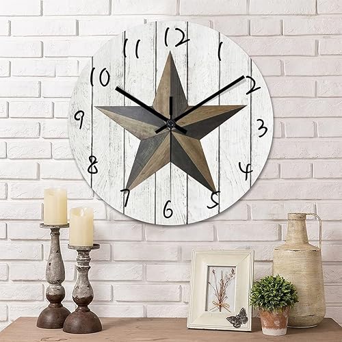 Reloj de pared redondo de 15 pulgadas con estrella del oeste de Texas reloj de pared decorativo reloj de madera de campo sin tictac funciona con