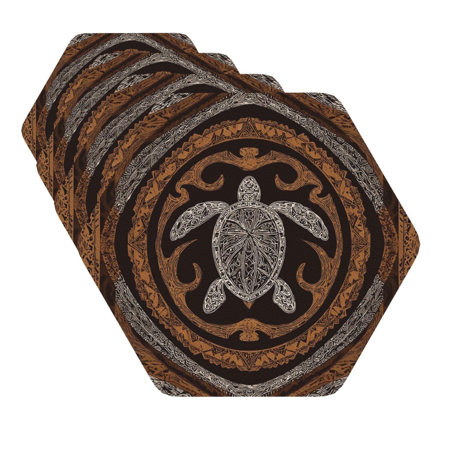 Drink Coasters Set of 4 Quick-Dry Leather Coaster Hawaiian Tapa Honu Turtle Coasters for Drinks Coffee Cup Mat Tabletop Protection Heat Resistant Coaster for Kitchen Bar Office Home Decor