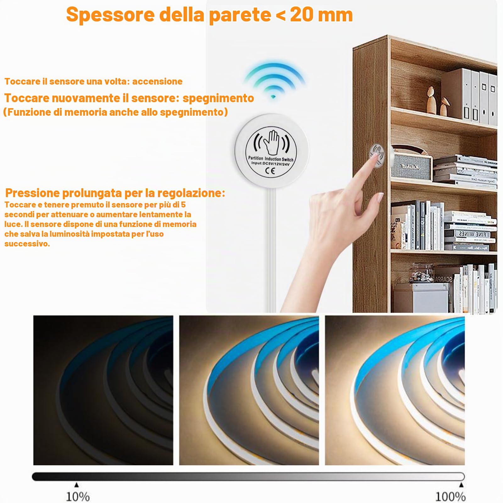 Set 6 in 1 strisce LED COB 12V, 6 pezzi da 1m luce bianca calda regolabile, comando touch e sensore gestuale nascosto, illuminazione per armadio, cucina, vetrina, scaffale e cantina vino