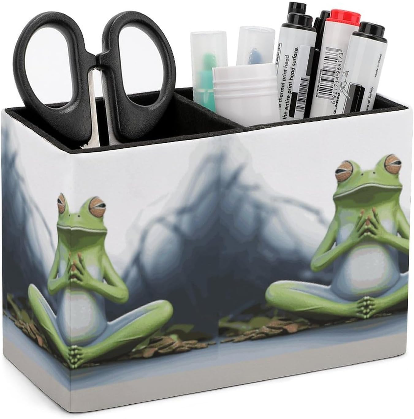 Funny Yoga Frog Printed Pen Pencil Holder Cup Container PU Leather Desk Organizer Stand Home Office Organization Office Accessories Container Box 2 Compartments
