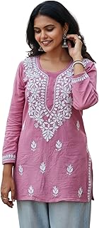 HOUSE OF THE SUKH Women’s Viscose Rayon Chikankari Embroidered Kurti | Botanical Floral Motif Design | 3/4 Sleeves, Round Price In India