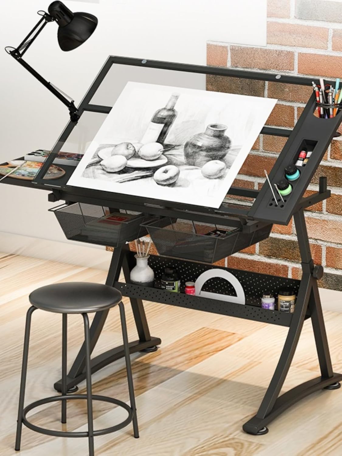 Drafting Workstation with Stool Artist Desk Adjustable Height, 0°-50° Tilting Glass Tabletop and Side MDF Desktop Art Craft Desk for Any People
