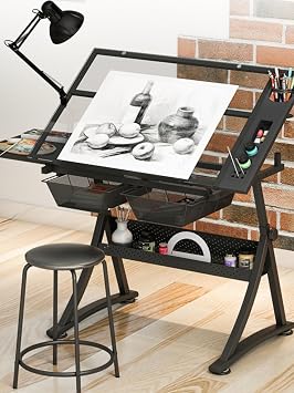 Drafting Workstation Drafting Table with Stool Adjustable Height Tilting Glass Tabletop and MDF Desktop Craft Desk for Artists and Crafters