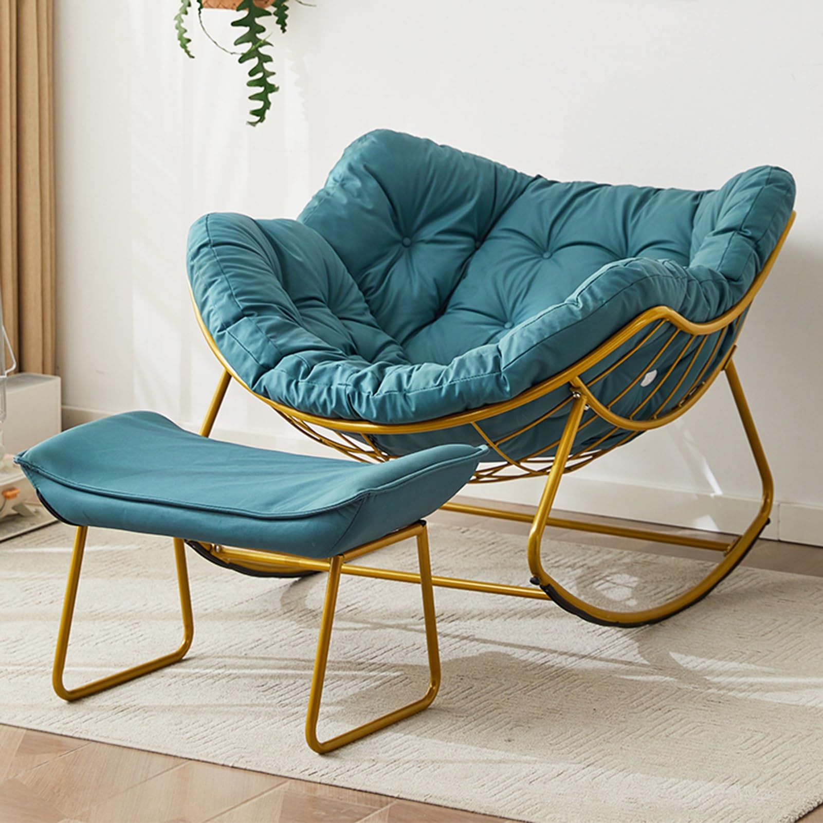 Genérico Outdoor Patio Rocking Chair, Comfortable Upholstered Rocking Chair, Modern Lounge Chair for Front Porch, Balcony, Garden, Lawn, Living Room, with Large Cushion and Ottoman(Blue)