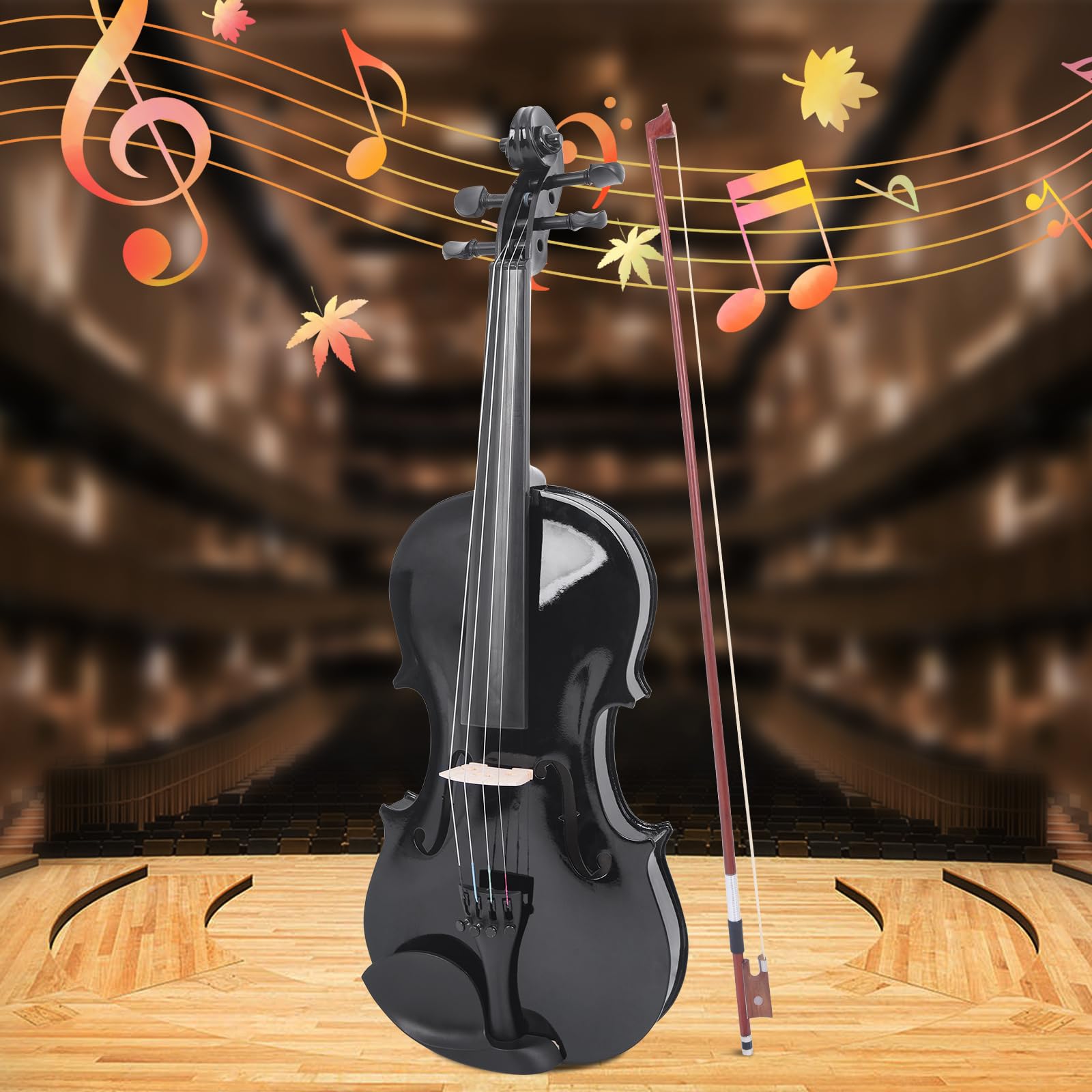 4/4 Violinen-Set in voller Größe, Geigen-Set, schwarz, akustische Violine für Anfänger und Erwachsene, mit Violinenkoffer