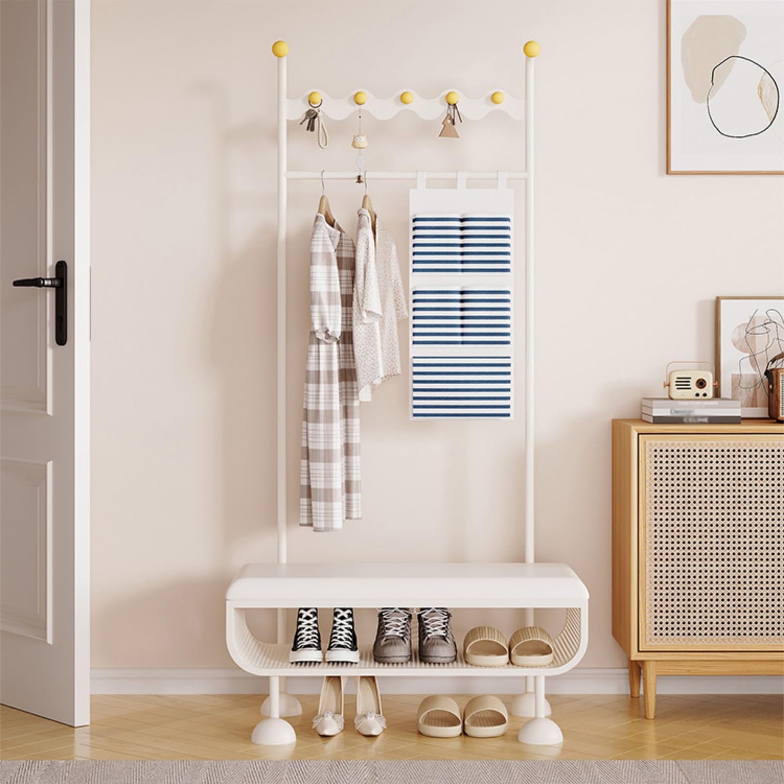 GHFXSCV Freestanding Metal Coat Rack with Shoe Bench, Easy Assembly Multi-ket Sto, nizer for Bedroom, Hallway & Office (White, 80cm)