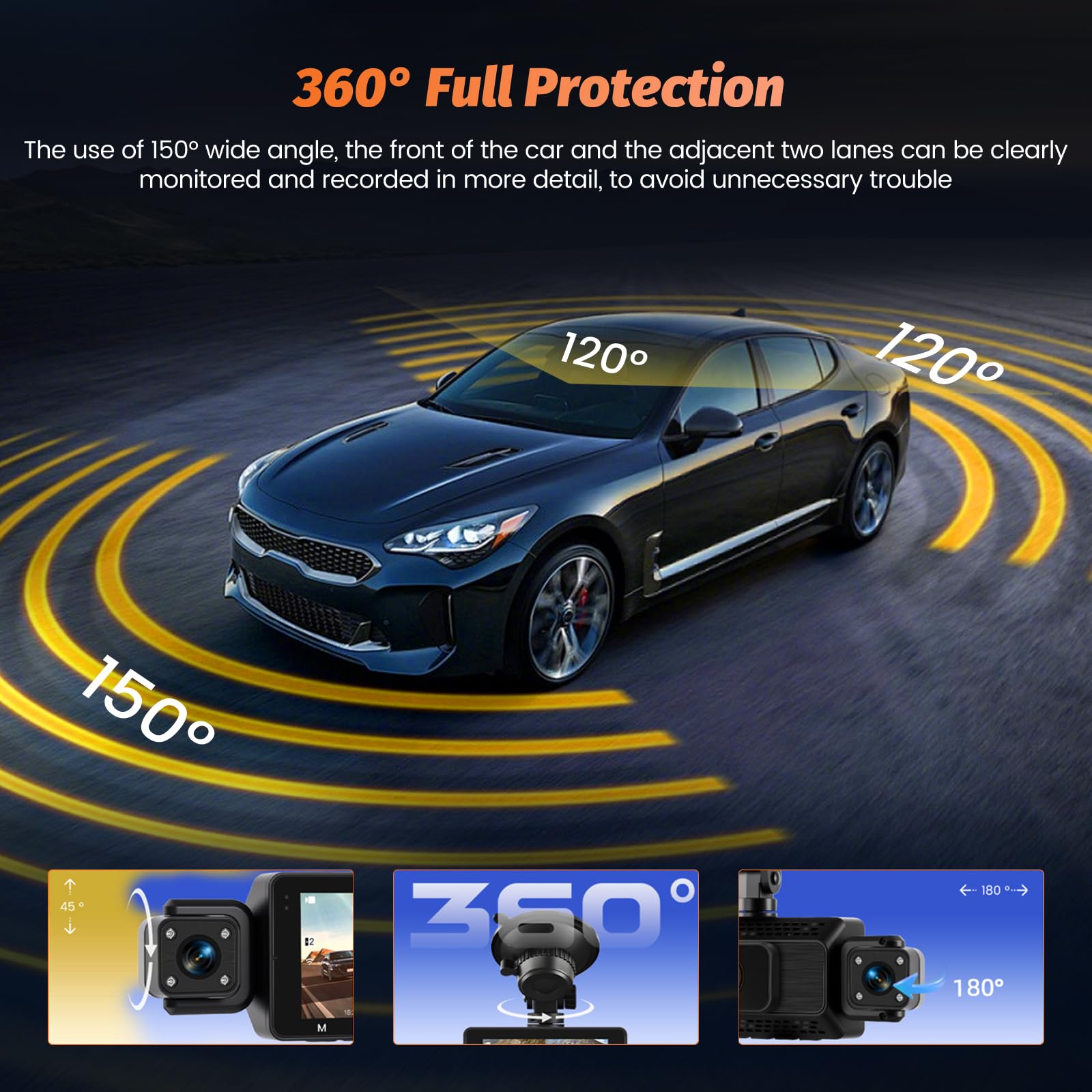 Roinvou 4K+1080P Dash CAM Coche, 5GHz WiFi Dashcam con Tarjeta SD 64GB, Camara Vigilancia Coche con 3″ IPS Pantalla, 170° Gran Angular, Grabación en Bucle, Sensor G,Visión Nocturna