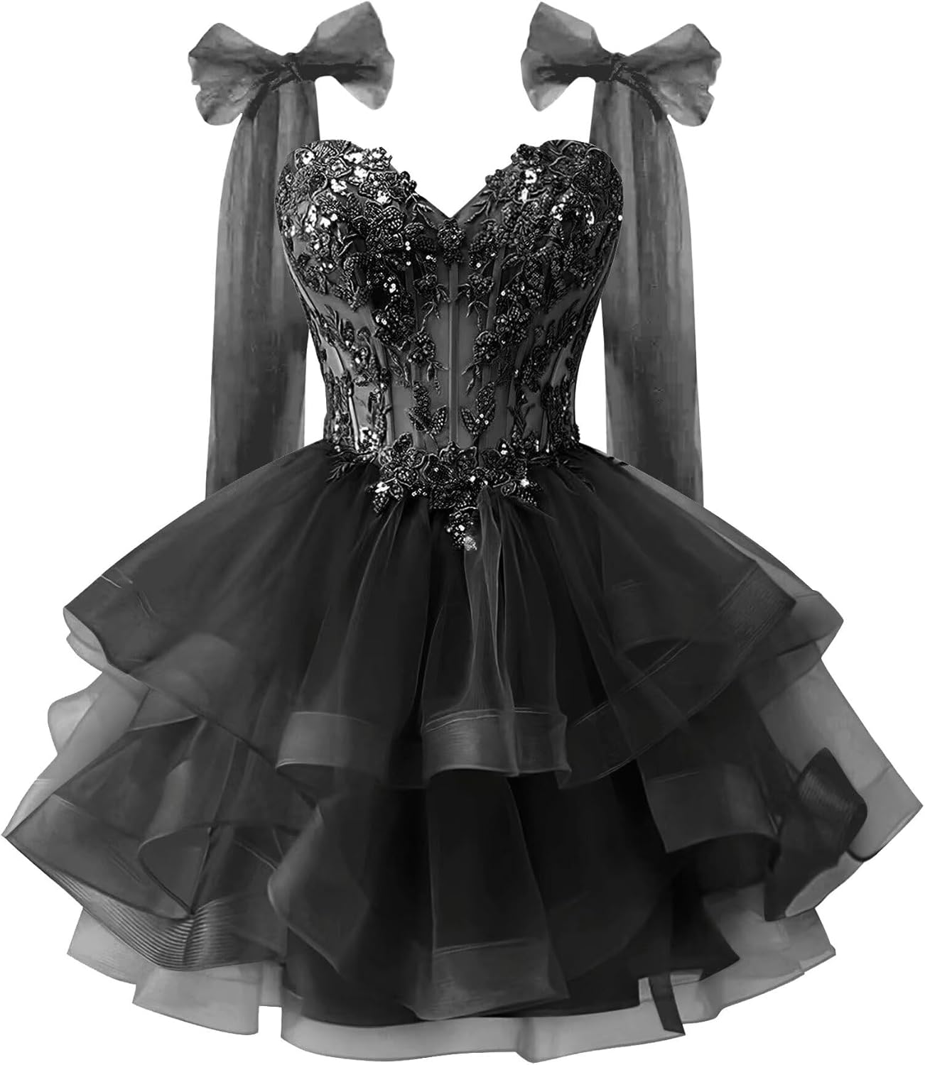 Zeeyecie Tiered Tulle Homecoming Dresses Sparkly Lace Applique Bow Straps Short Prom Dress for Teens Quinceanera DAMA Dress