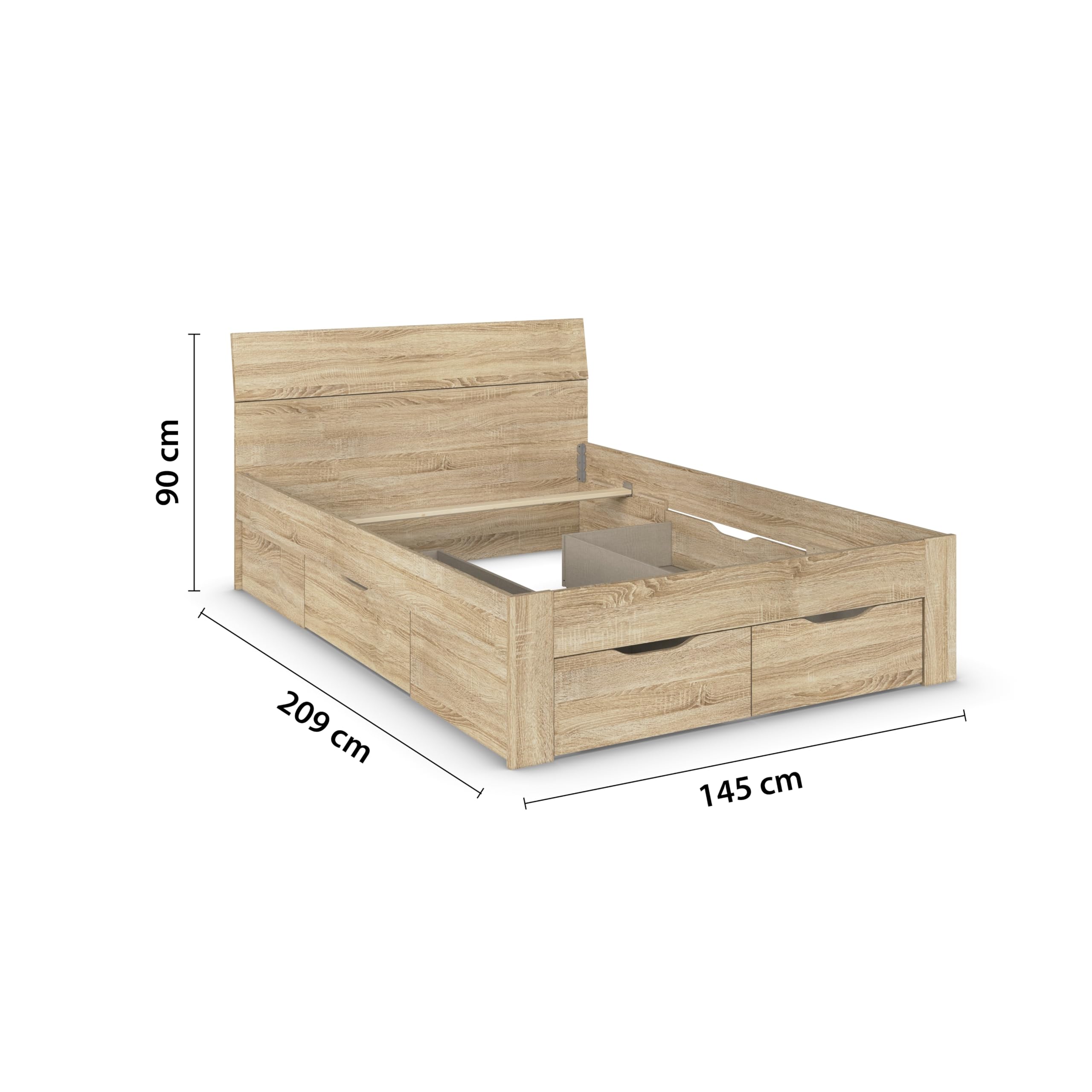 Rauch Möbel FLEXX, Bett, Farbe Eiche Sonoma, Maße 145x90x209 cm | Doppelbett, Stauraumbett, mit 3 Schubladen, für Schlafzimmer, Jugendzimmer, Gästezimmer, Liegefläche 140x200 cm