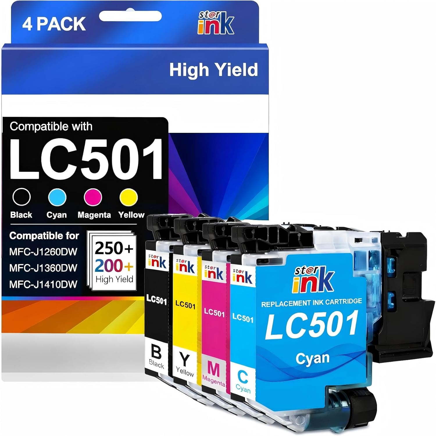 Starink LC501 Ink Cartridges 4 Pack, Replacement for Brother LC501 LC501XL Series LC501 Ink, Works with Brother Work Smart MFC-J1360DW MFCJ1360DW MFC-J1260DW MFC-J1410DW Printers & MFC-J1360DW Ink
