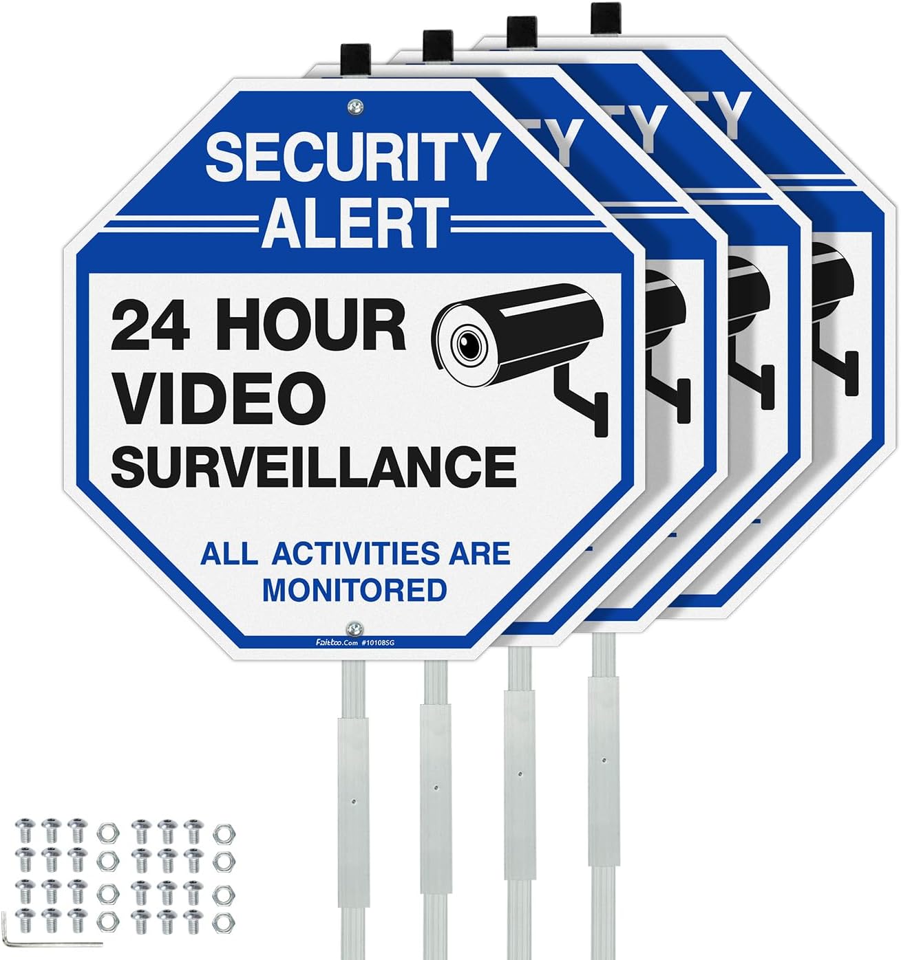 Faittoo Security Sign Video Surveillance Sign with 42" Stake, 4-Pack 10"x10" Rust Free Heavy Aluminum, Reflective, Fade Resistant, 2 Pre-drilled Holes, Includes Matching Screws & Wrench