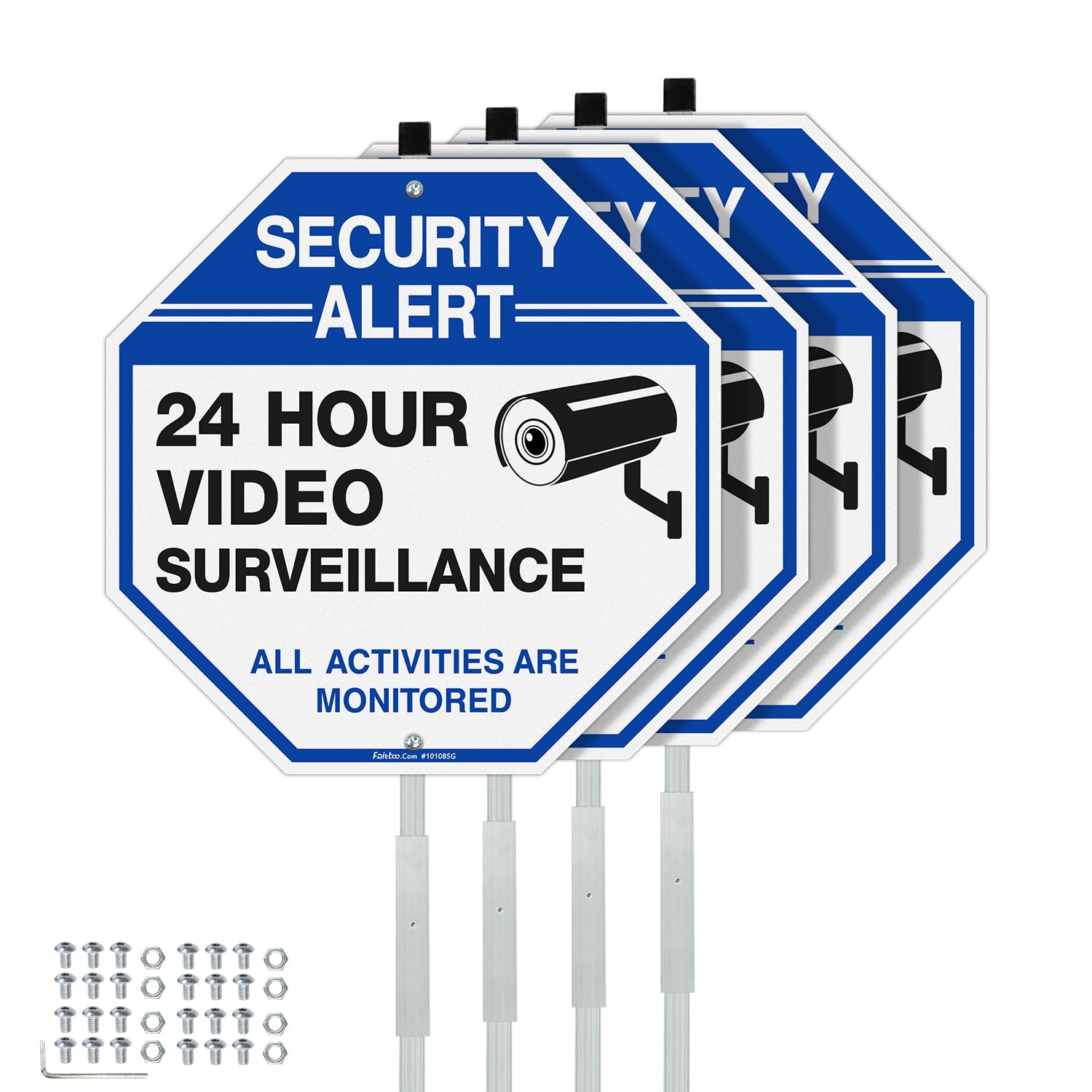 Faittoo Security Sign Video Surveillance Sign with 42" Stake, 4-Pack 10"x10" Rust Free Heavy Aluminum, Reflective, Fade Resistant, 2 Pre-drilled Holes