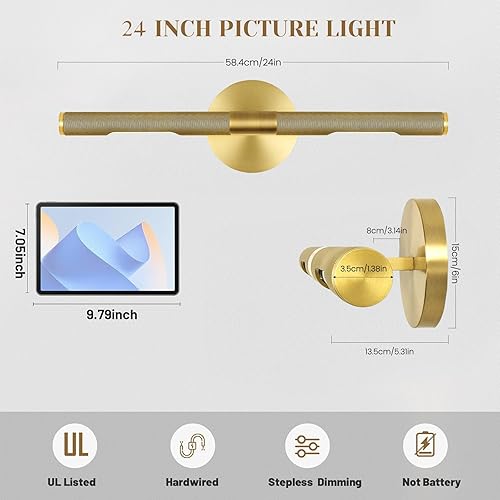 Miniatura 3 de Luz de cuadro roscada de cableado fijo, luz de cuadro de latón de 24 pulgadas para pared, luces de arte doradas regulables, aplique giratorio
