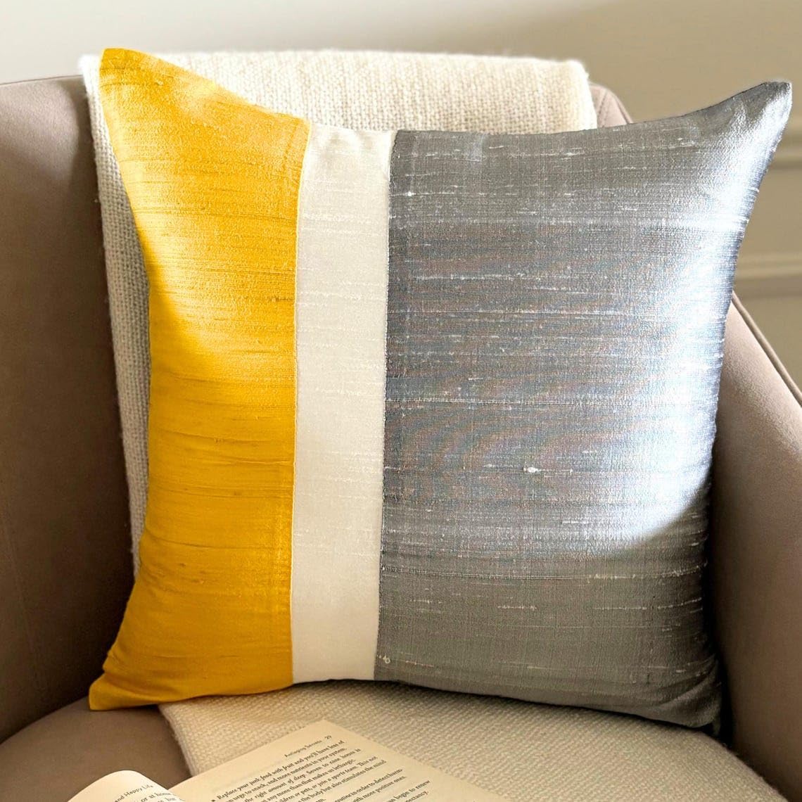 The HomeCentric Cushion Cover, Decorative Yellow & Grey 16"x16" (40x40 cm) Pillow Covers, Silk Color Block Patchwork Throw Pillows for Sofa, Patchwork Pattern Modern Easter - Splendour Yellow