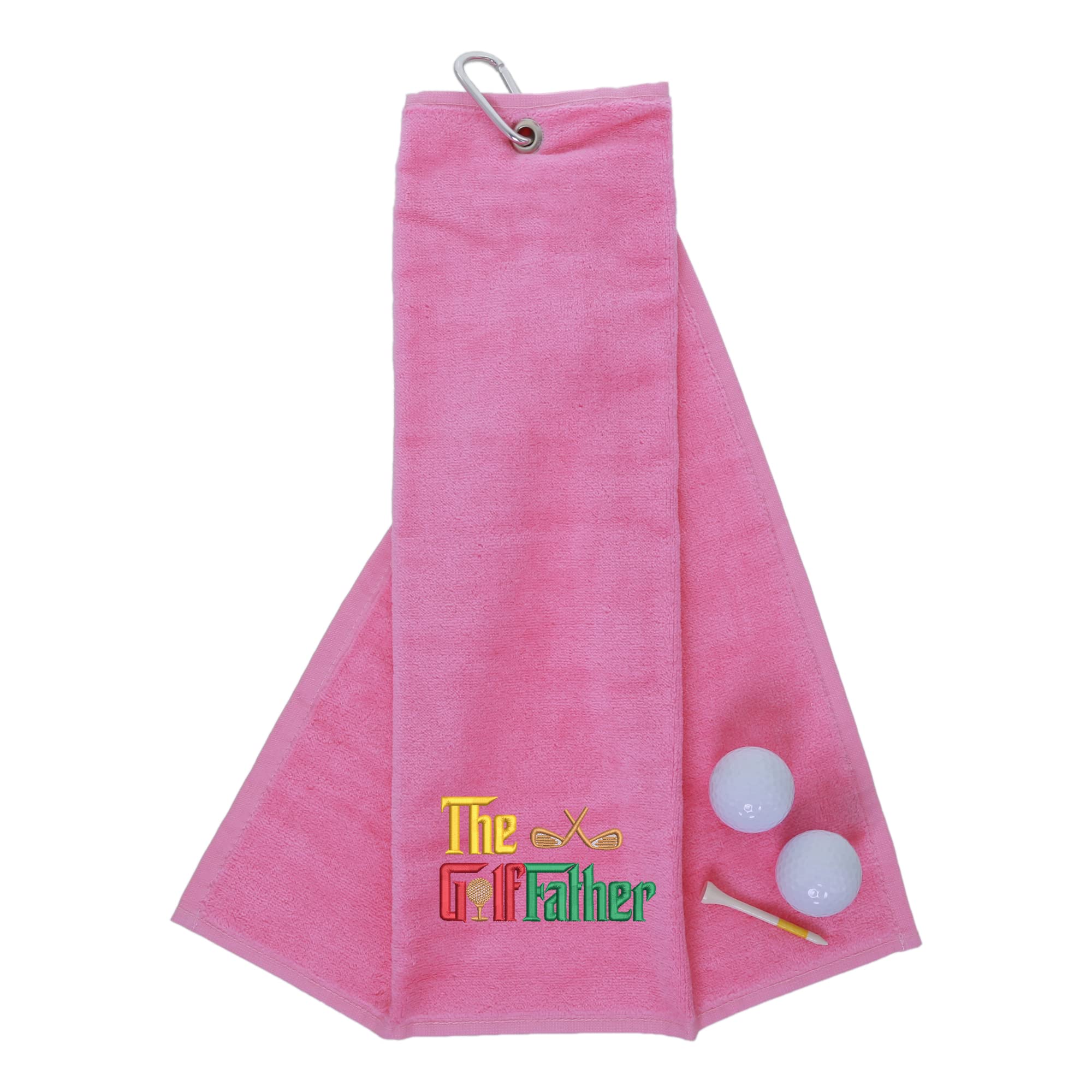 aztex Tri-Fold Golf Towel with Novelty 'The Golffather' Embroidery, Metal Carabiner Clip, Cotton Velour, 590gsm, Pink