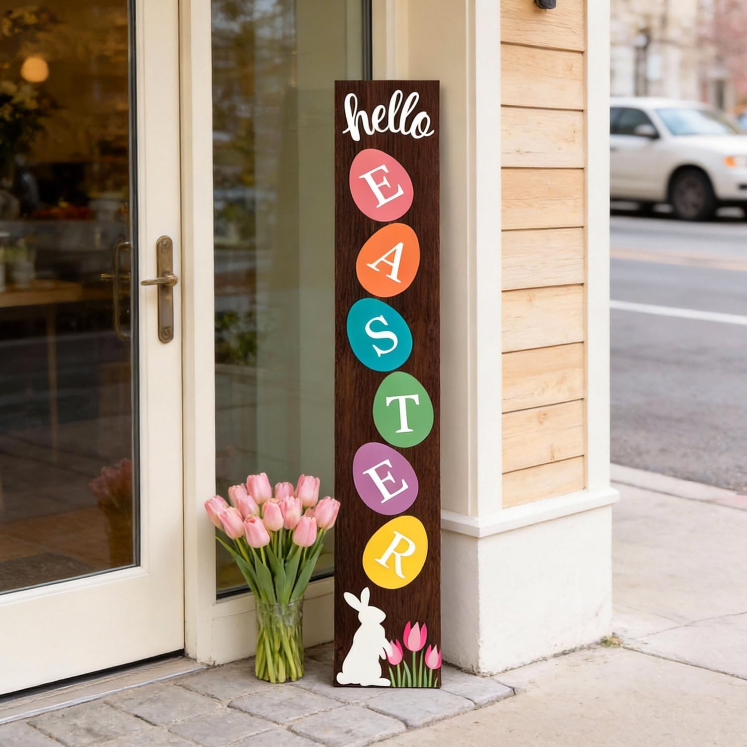 Happy Easter Porch Sign: 47" Wood Framed Bunny Rabbit Flower Decorations Easter Welcome Sign for Front Door, Rustic Farmhouse Hanging Standing Porch Leaner Yard Signs Decor for Garden Home - Image 3