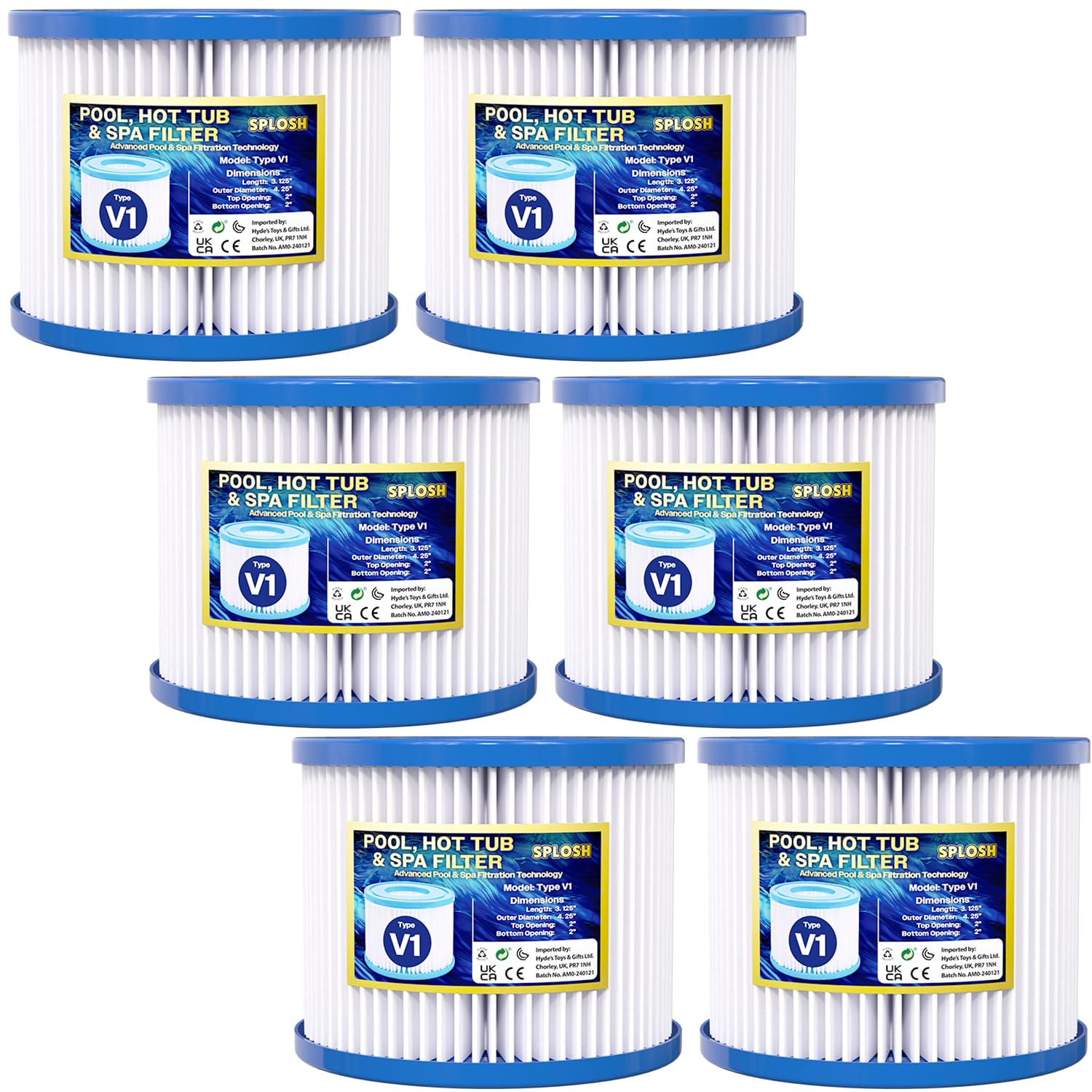 Splosh Type V1 Filter Cartridges - Pack of 6 - Replacement Hot Tub Spa Filters - Compatible With Lay-Z-Spa and SaluSpa Models (Filters are not created or sold by Lay-Z-Spa)